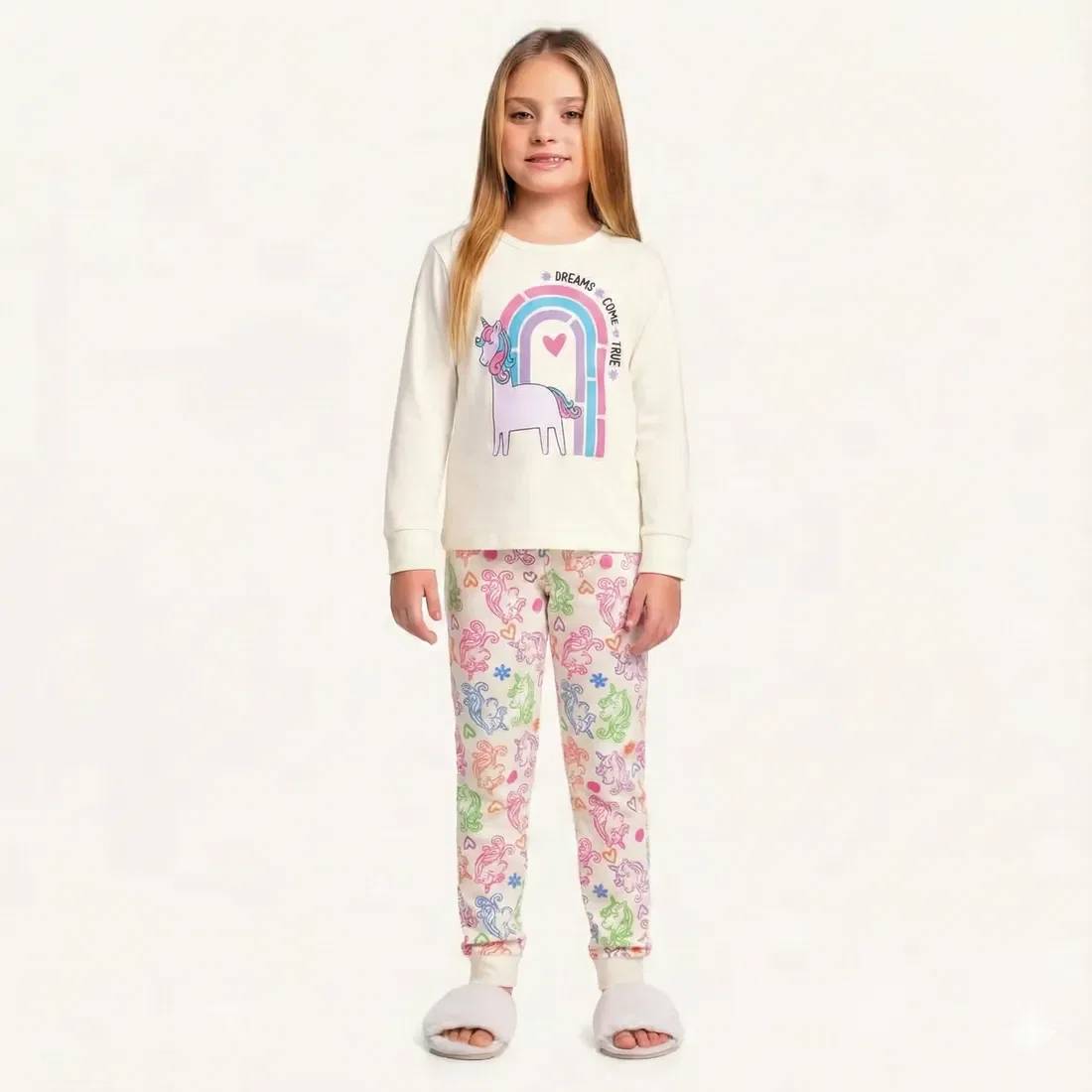 Conjunto pijama blusa manga longa e calça em meia malha unicórnio — imagem 1