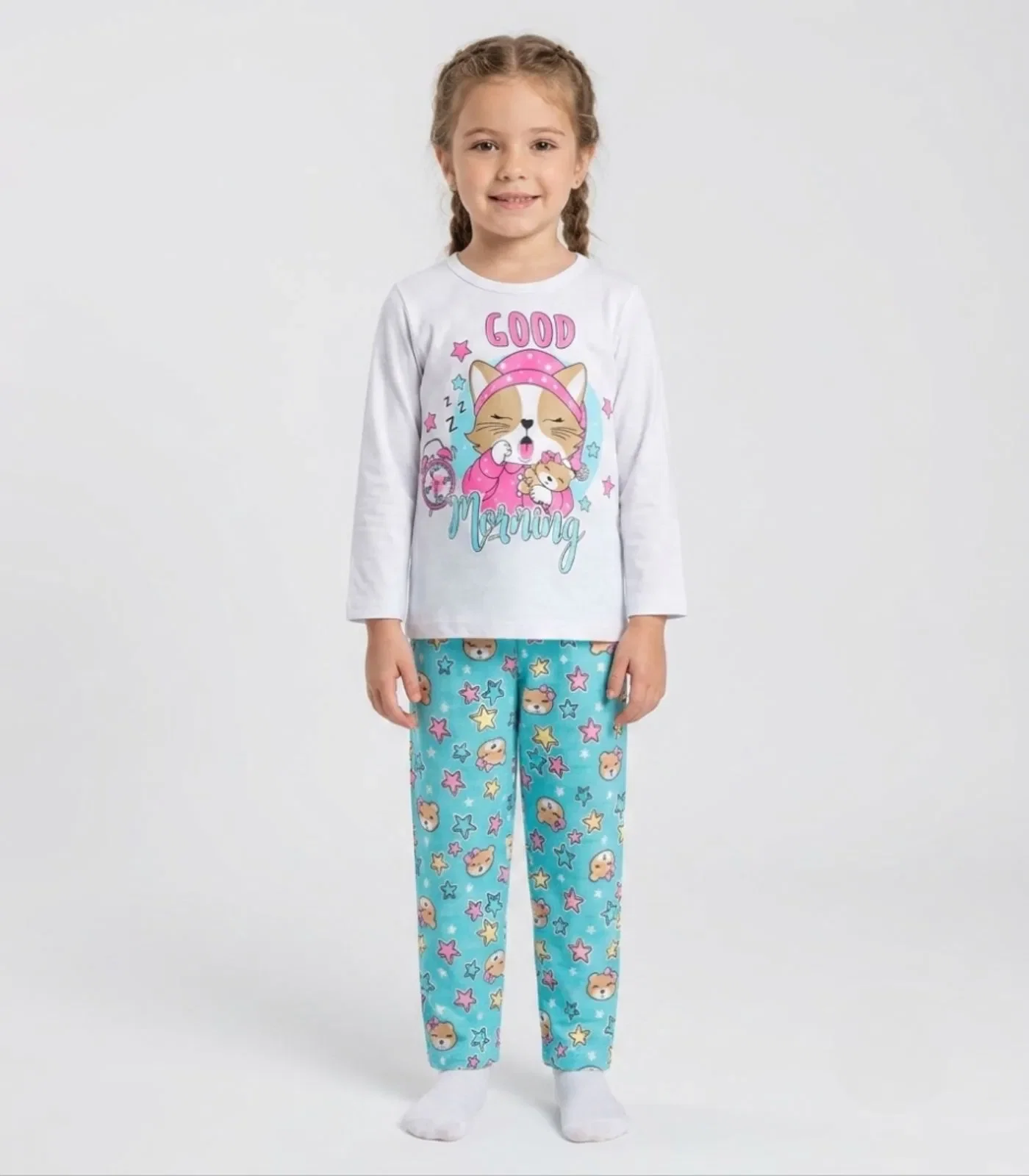 Pijama Menina Manga Longa Meia Malha Kappes Branco