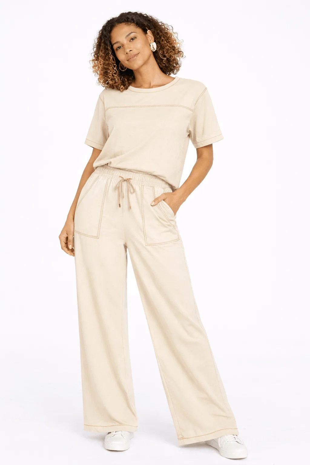 Calça Pantalona Pesponto Contrastante - Bege — imagem 1