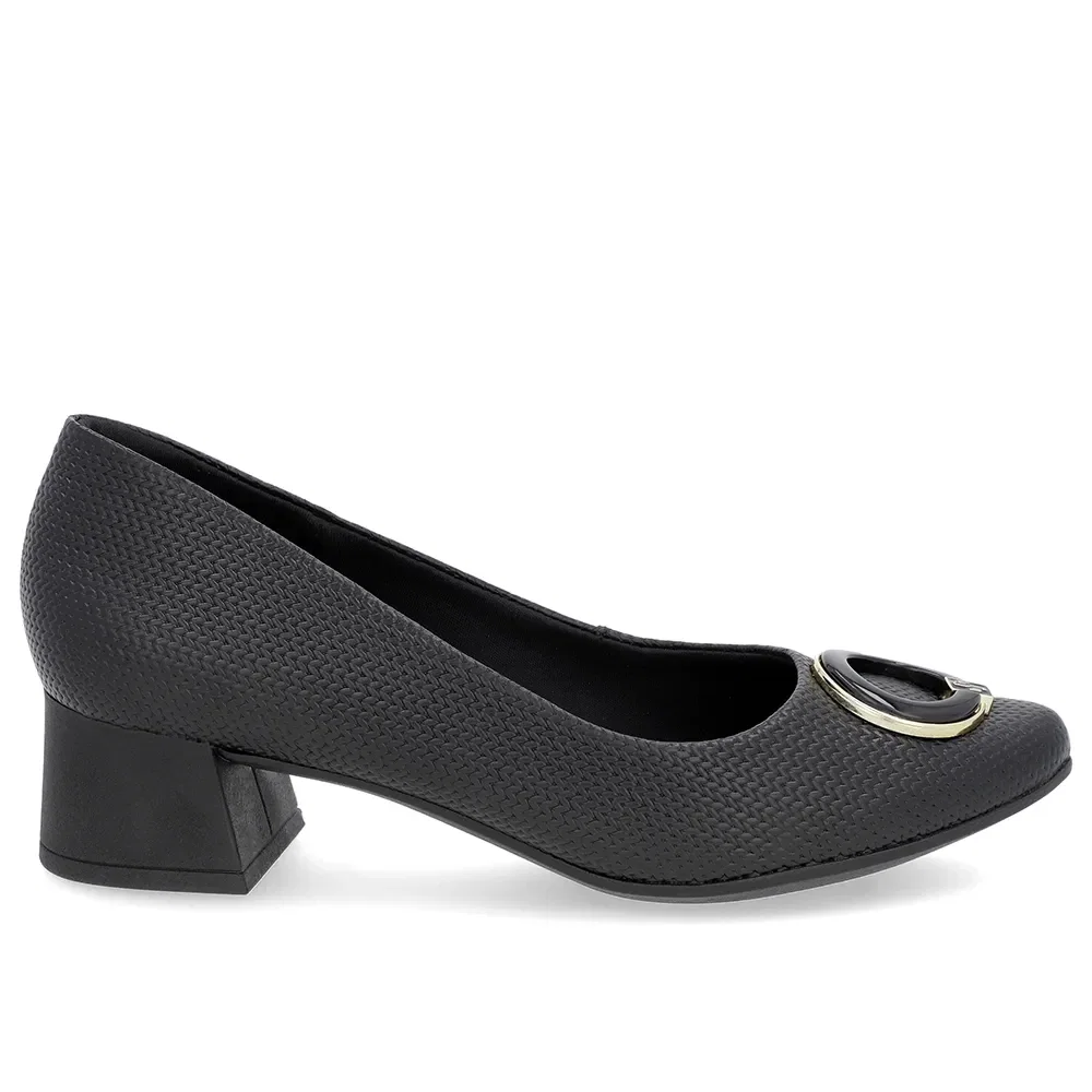 Scarpin Preto Salto Bloco Baixo Couro Enfeite — imagem 1