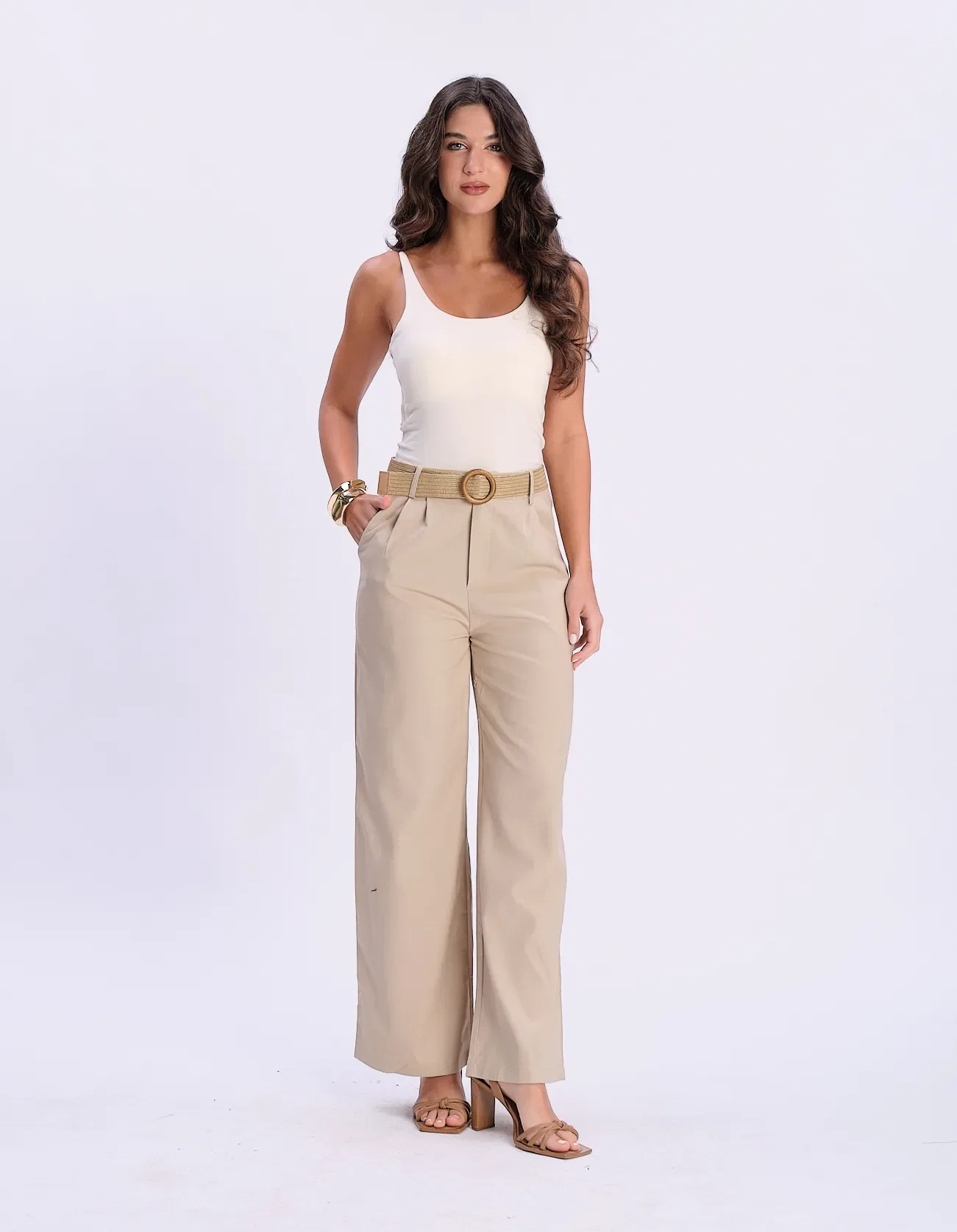 Calça Pantalona Com Cinto Palha - Caqui