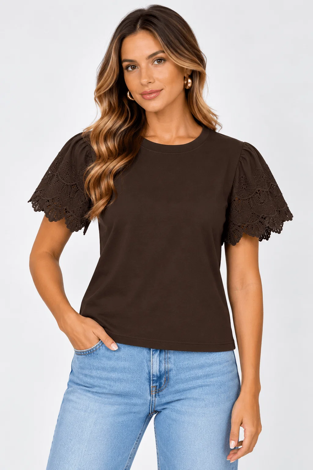 Blusa Manga Curta Renda Barrada - Marrom