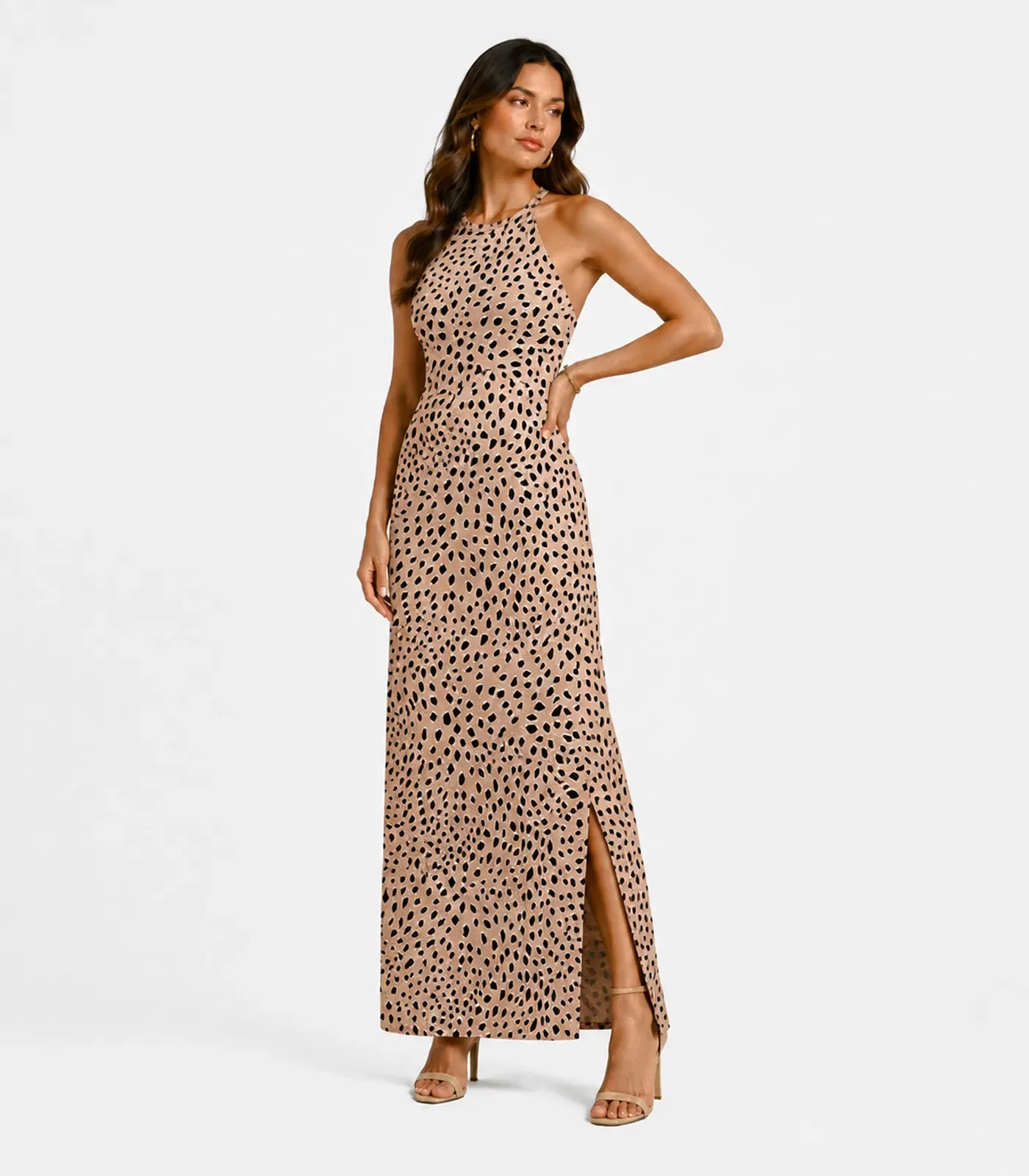 Vestido Longo Estampado Sem Manga Infinita Cor Marrom
