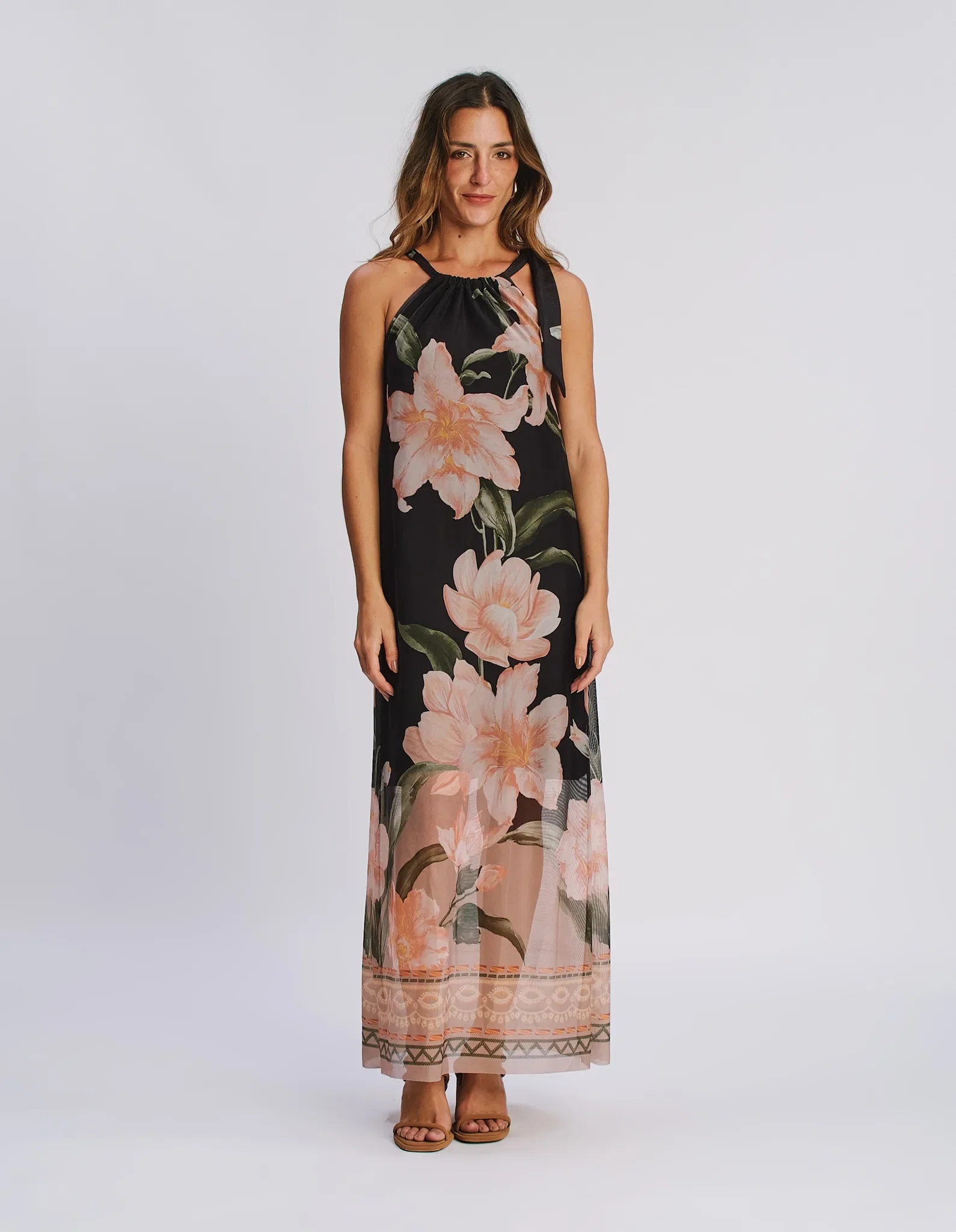 Vestido Longo Tule Estampado Coqueiro - Preto — imagem 1