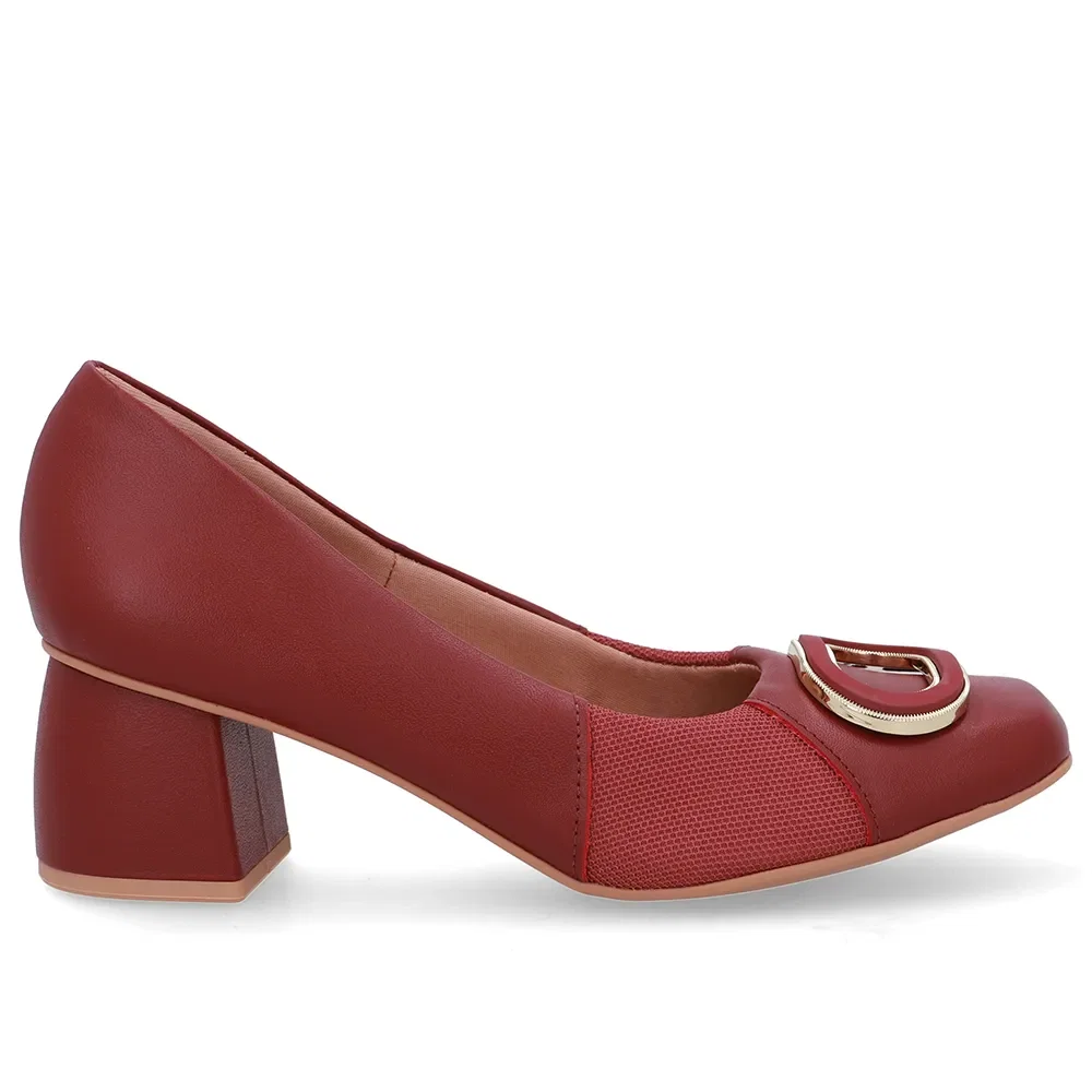 Scarpin Vermelho Bico Quadrado Couro Lateral Tecido — imagem 1