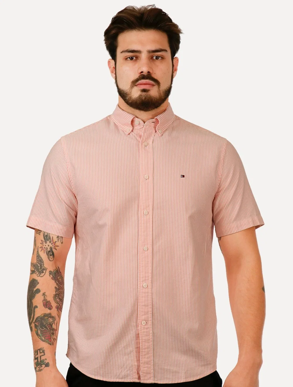 Camisa Tommy Hilfiger Masculina Manga Curta Regular Oxford Stripes Laranja Mescla — imagem 1