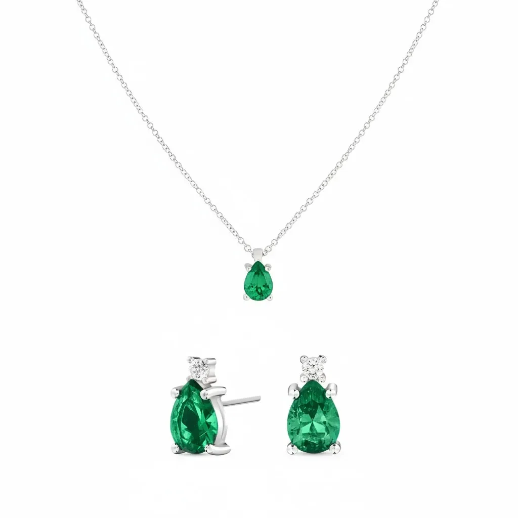 Kit Life Special II - Conjunto Brinco + Colar em Prata 925 com Zircônia Incolor e Cristal Verde