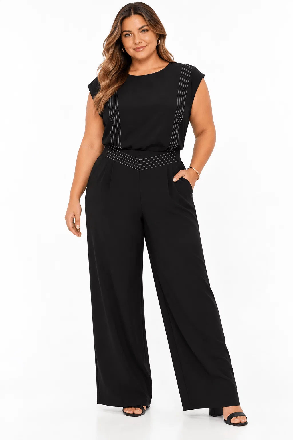 Calça Pantalona Cós Pespontos - Preto — imagem 1