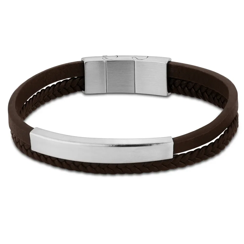 Pulseira Life Placa em Couro Marrom com Aço