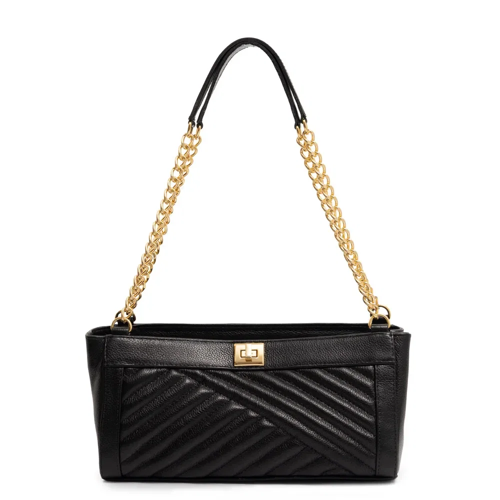 Bolsa Preta Ombro Couro Corrente