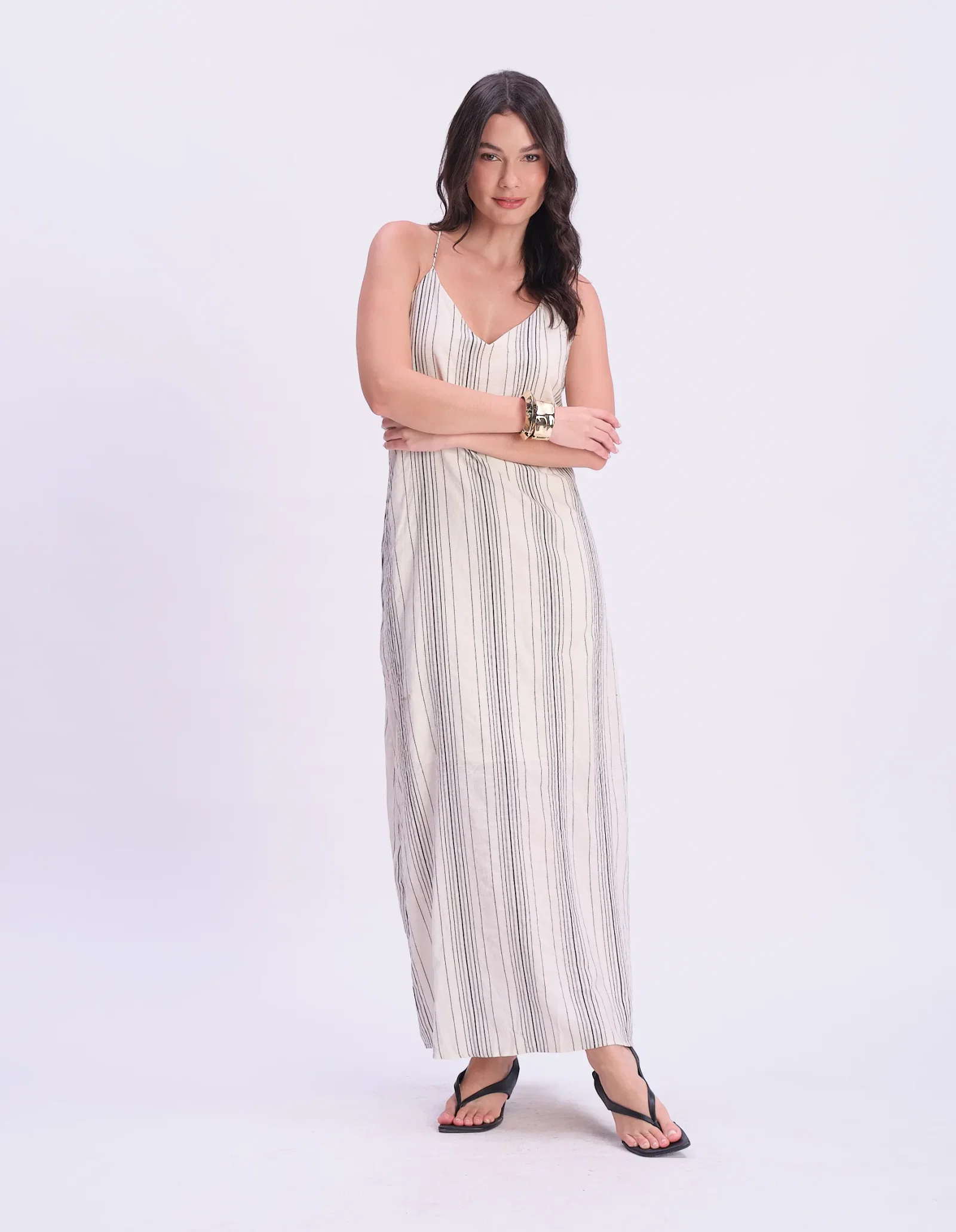 Vestido Longo Listrado Alças Finas - Off White C/ Preto