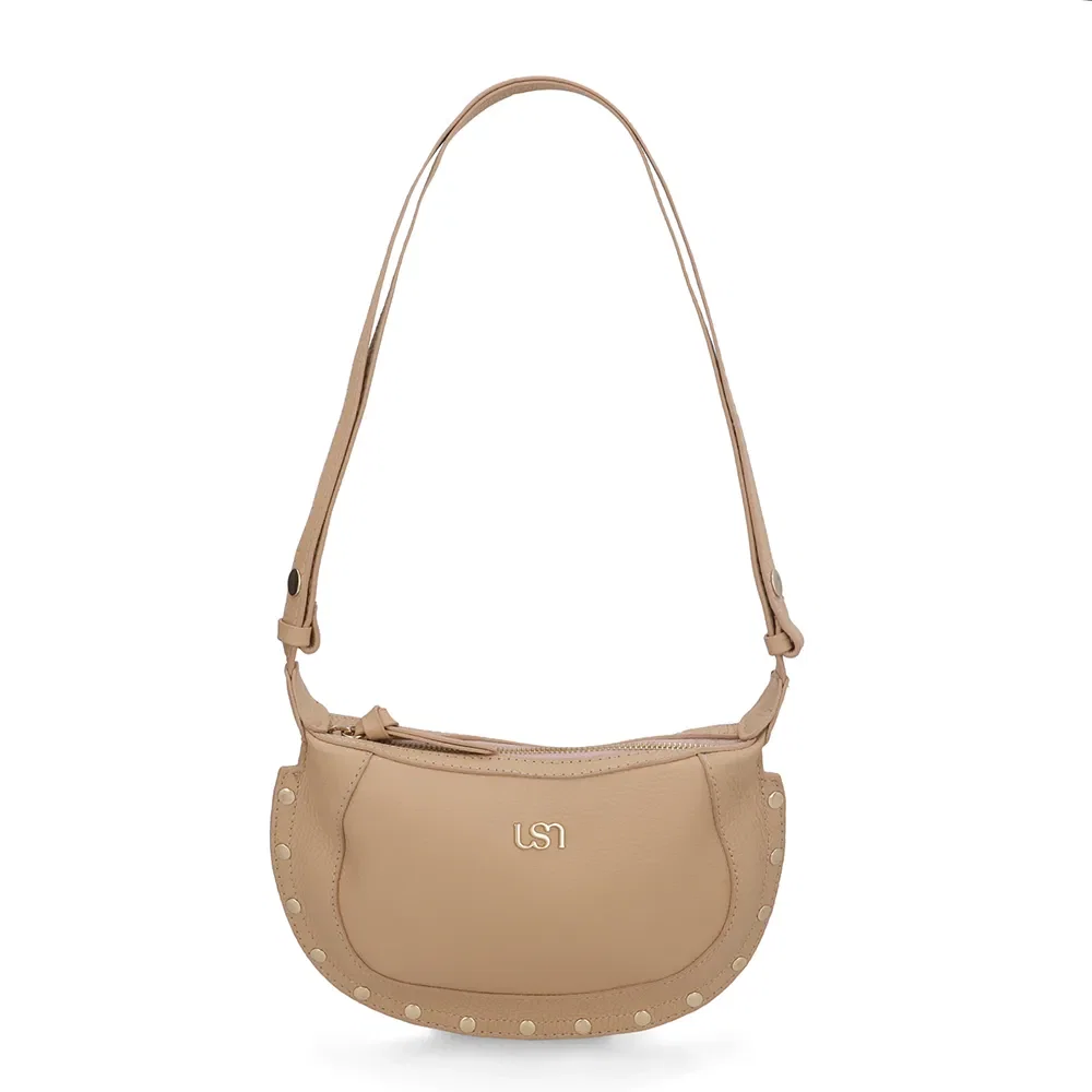 Bolsa Tiracolo Couro Bege Tachas — imagem 1