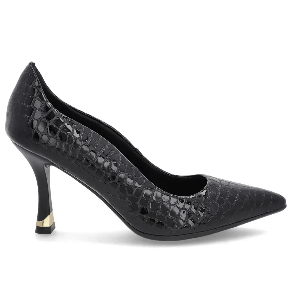 Scarpin Preto Couro Croco Bico Fino Detalhe Recorte — imagem 1