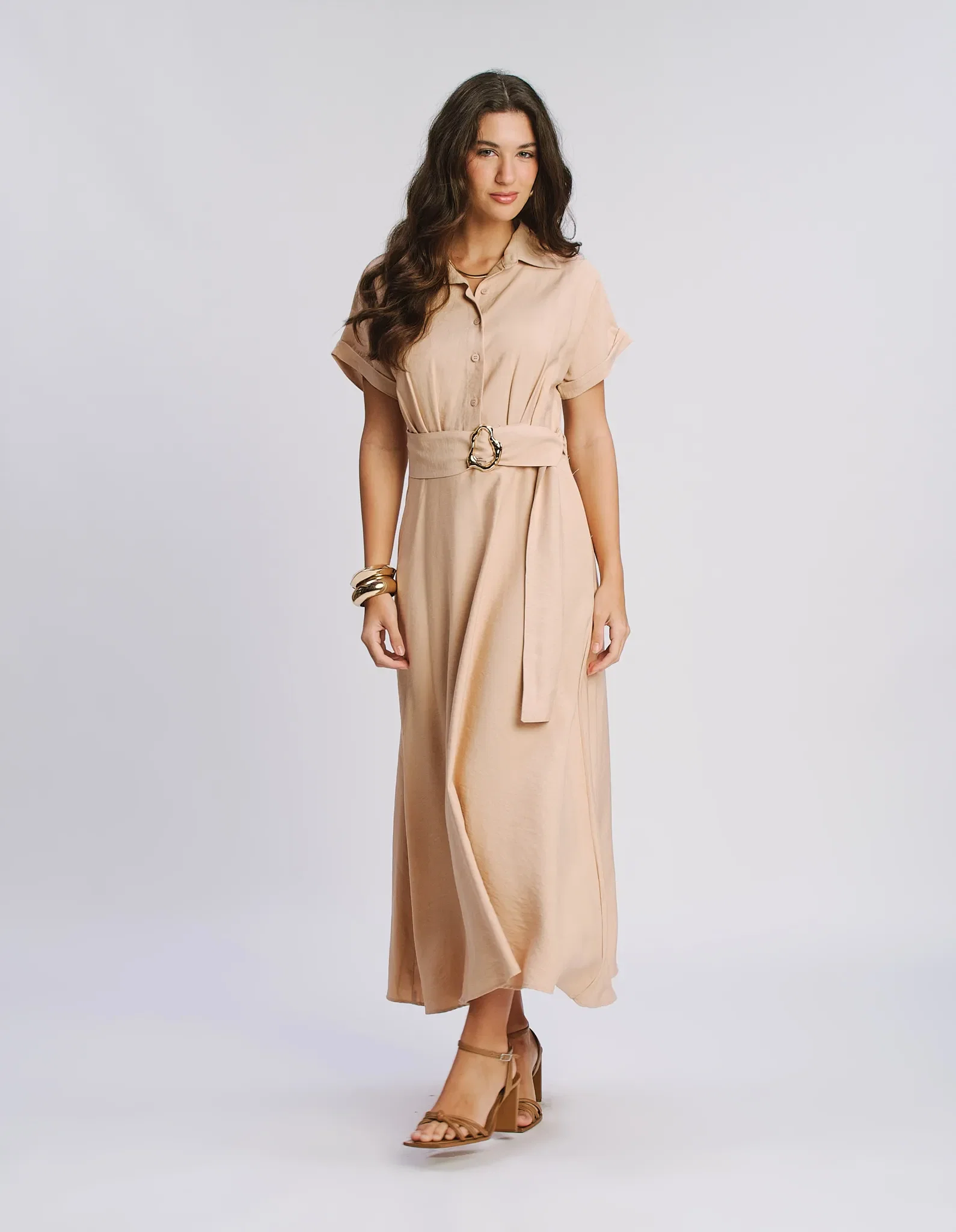 Vestido Midi Botões Frontais - Bege — imagem 1