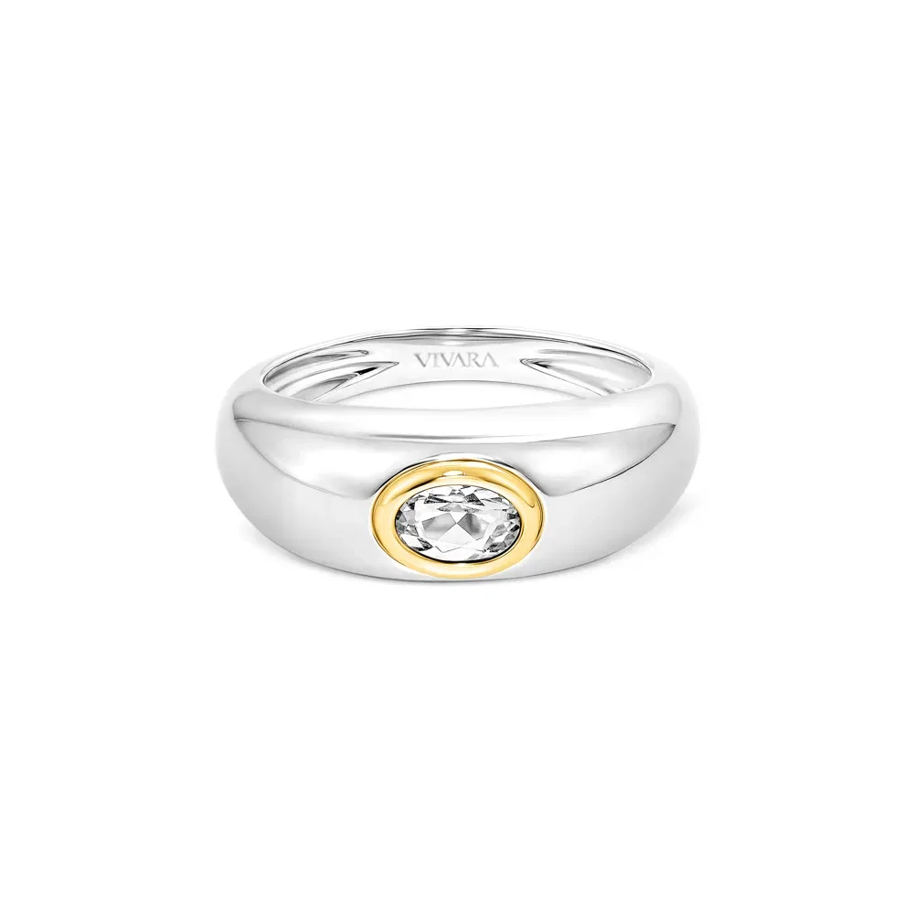 Anel Bombe em Prata 925 e Ouro Amarelo 18k com Topázio Incolor