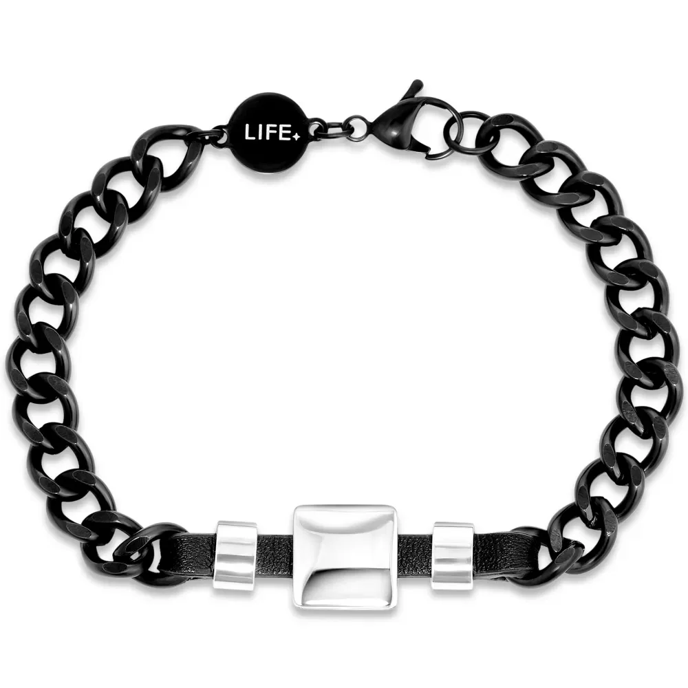 Pulseira Life Corrente em Aço com Couro