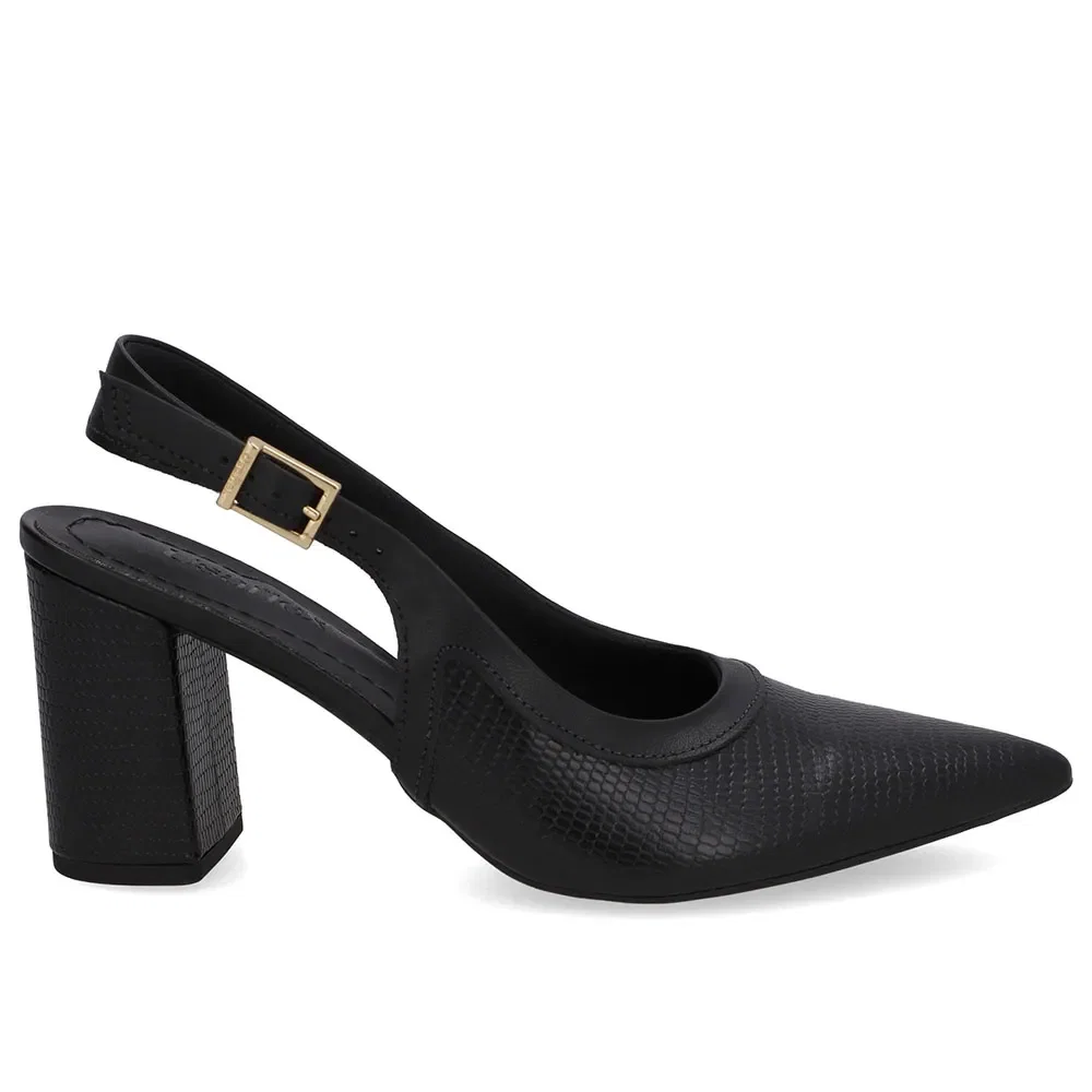 Slingback Preto Couro Bico Fino