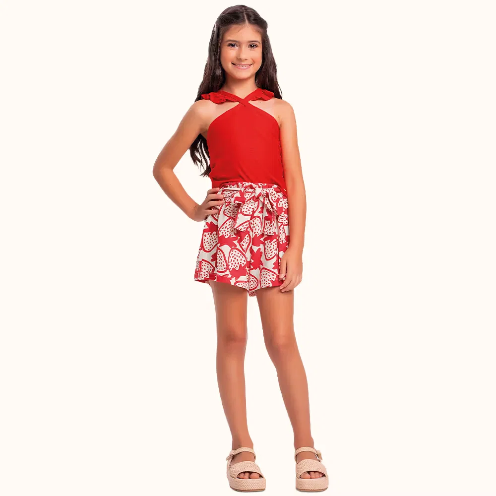 Conjunto regata cropped em cotton flamê e short em cotton leve com amarração decorativa morango