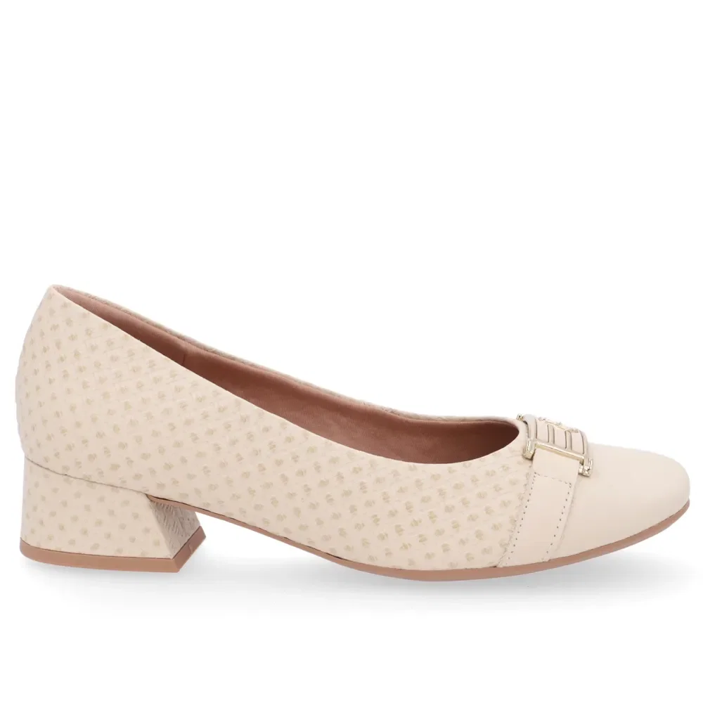 Scarpin Bege Salto Bloco Couro Detalhe Fivela — imagem 1