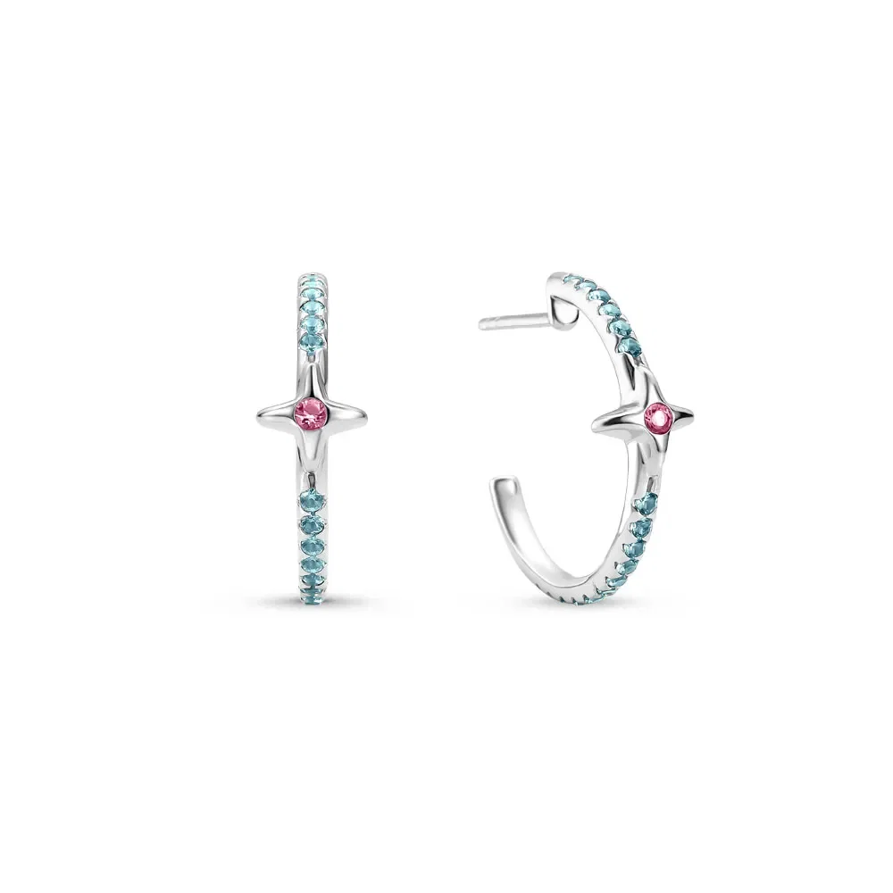 Argola Life Amor Místico Estrela em Prata 925 com Pedras Rosas e Azuis, 21,5mm