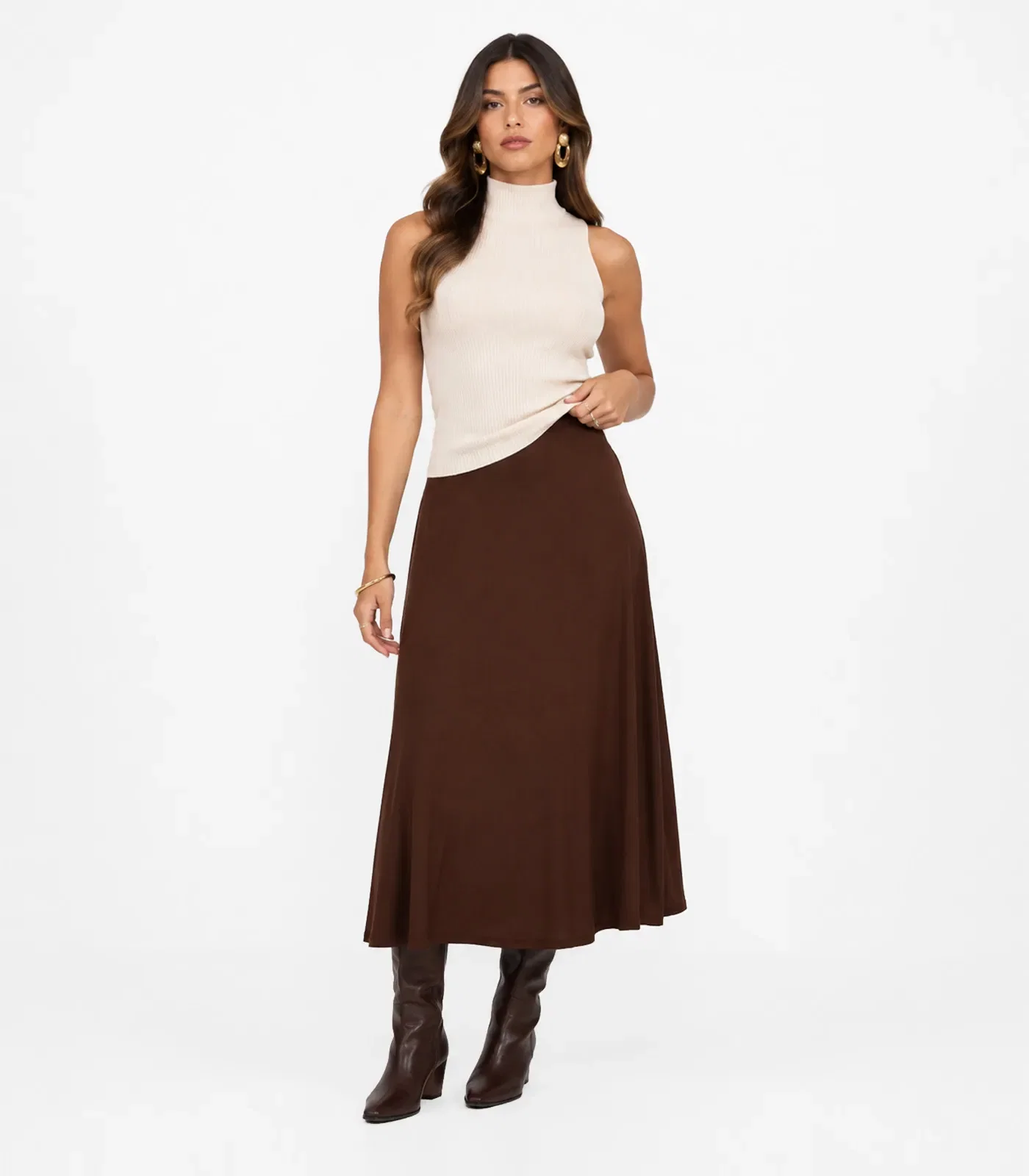 Saia Feminina Midi Evase Dianna Marrom — imagem 1