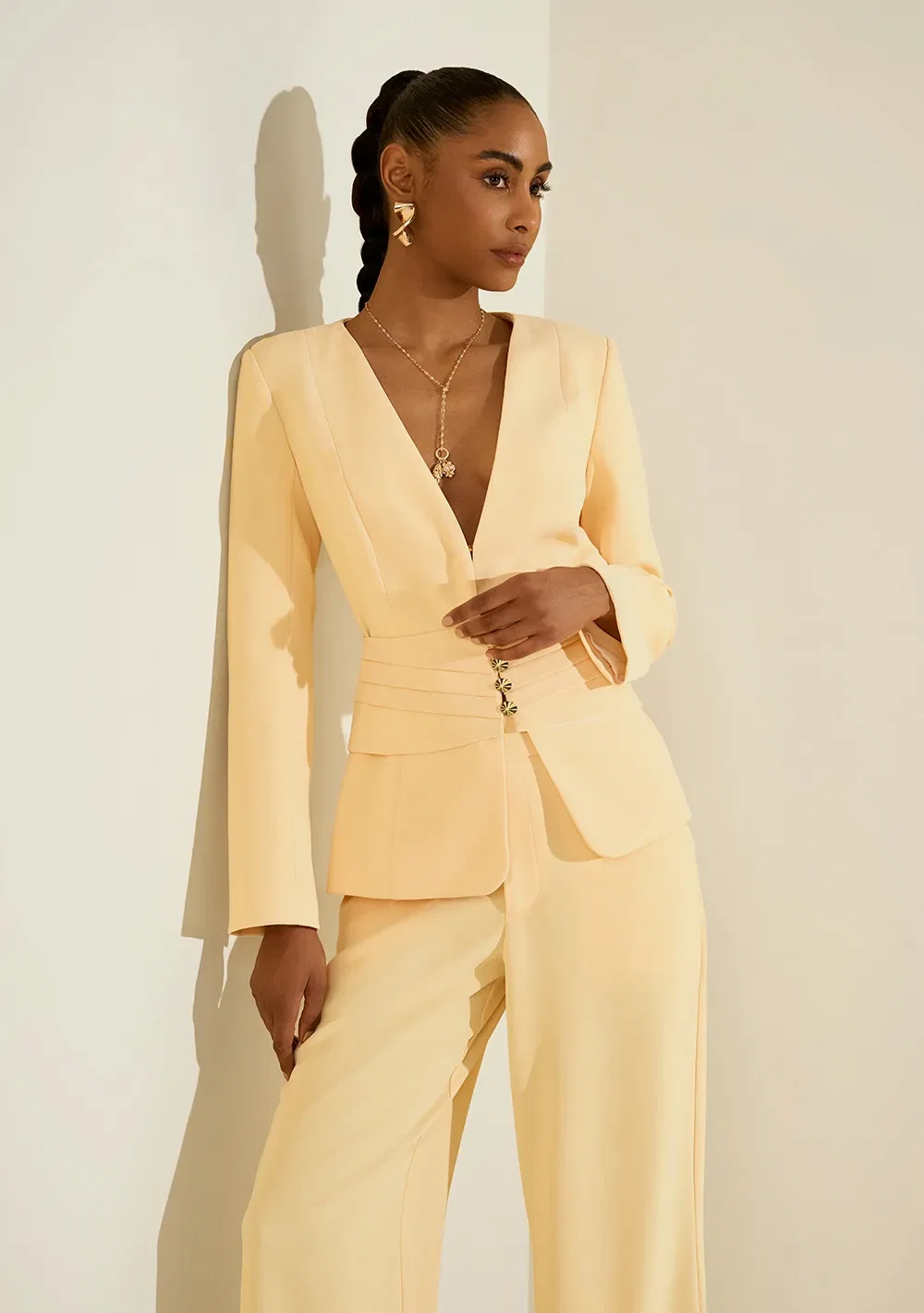 Blazer Morena Rosa Ajustado Manga Longa Padrão Amarelo — imagem 1