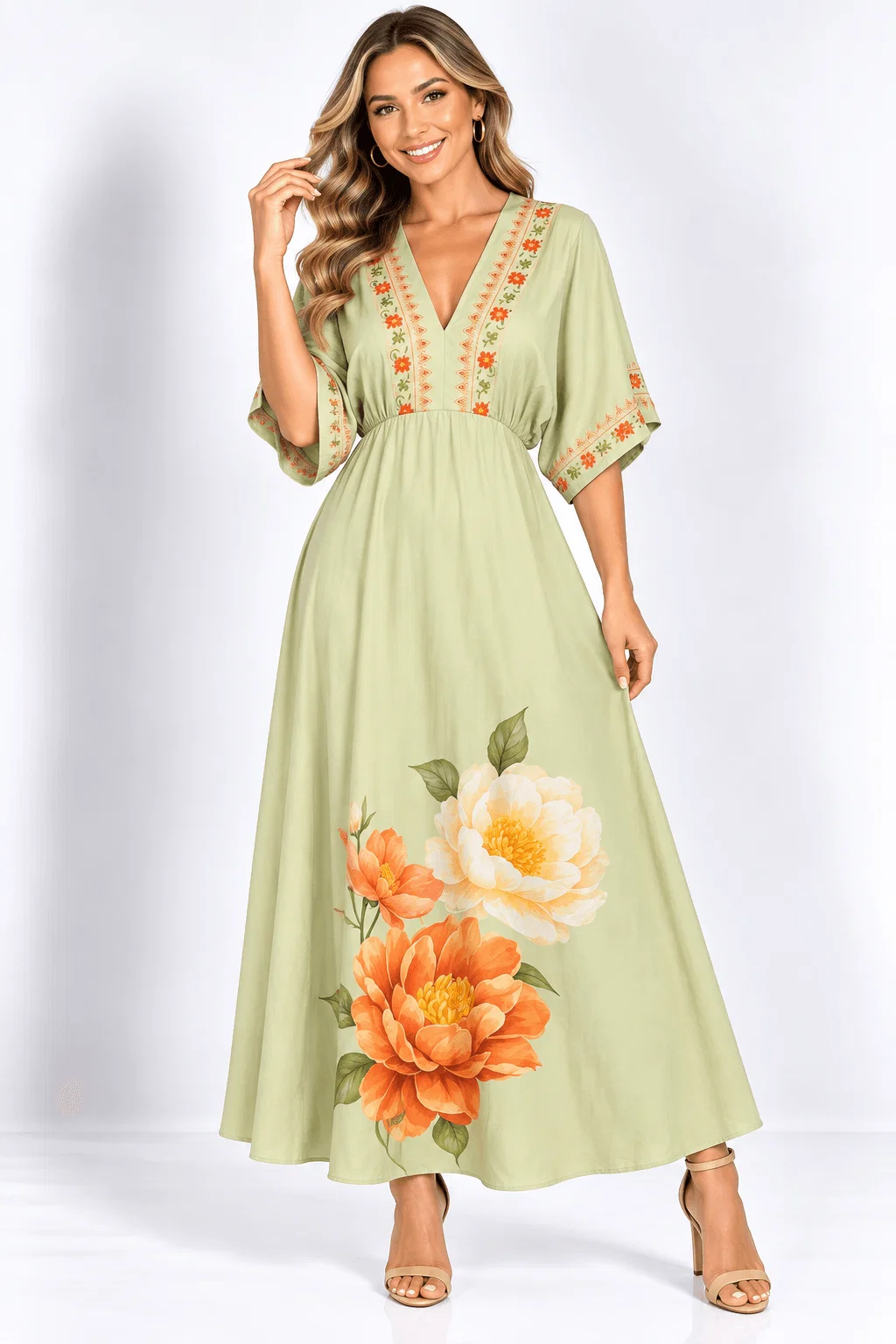 Vestido Longo Estampado Flor Pôr do Sol - Verde — imagem 1