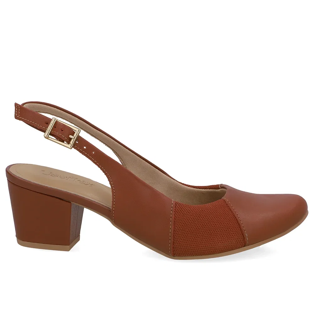 Slingback Couro Marrom Salto Bloco Lateral Tecido — imagem 1