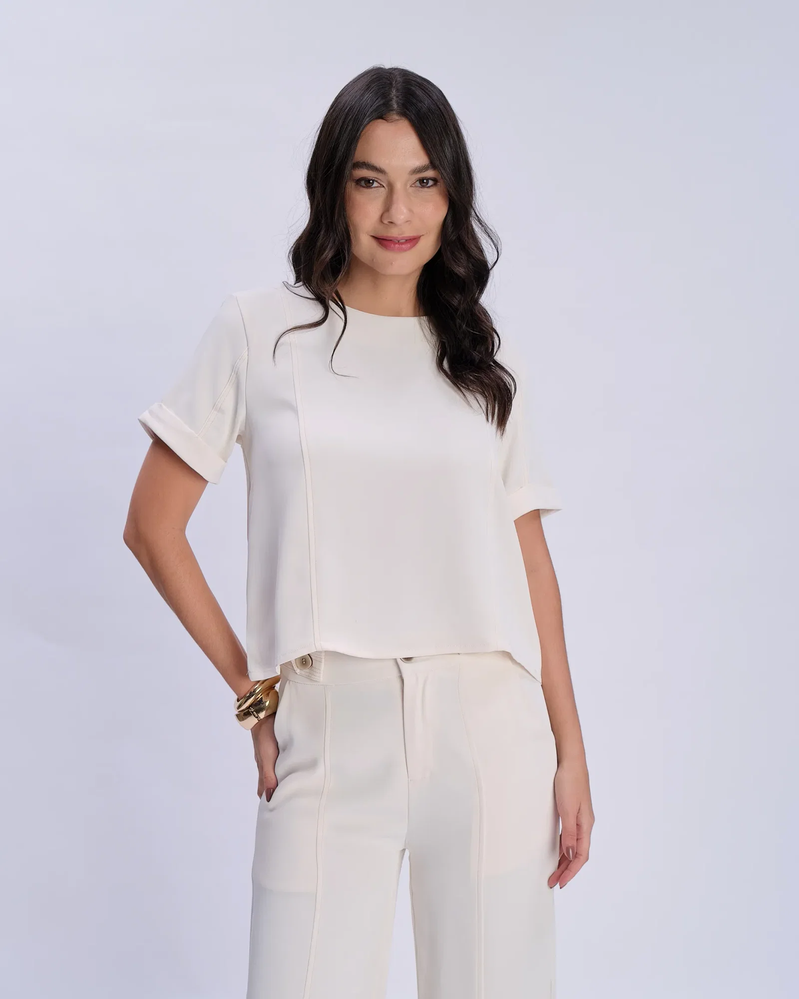 Blusa Manga Curta Detalhe Recortes - Off White — imagem 1