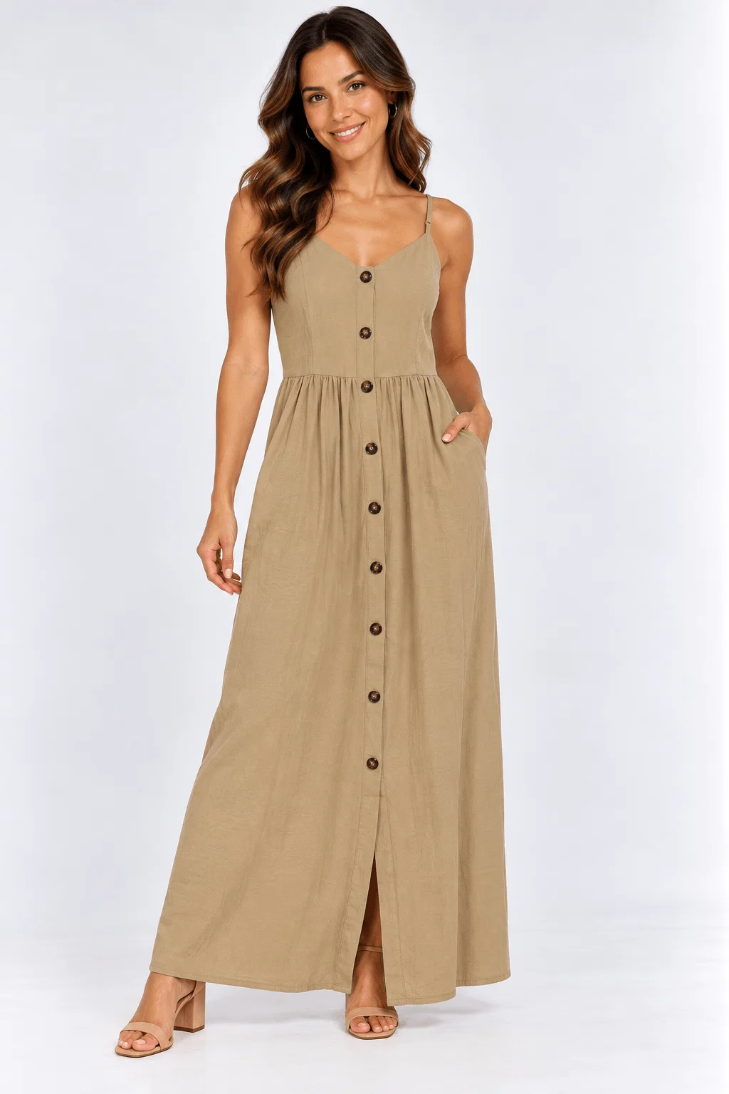 Vestido Longo Detalhe Botões - Bege — imagem 1