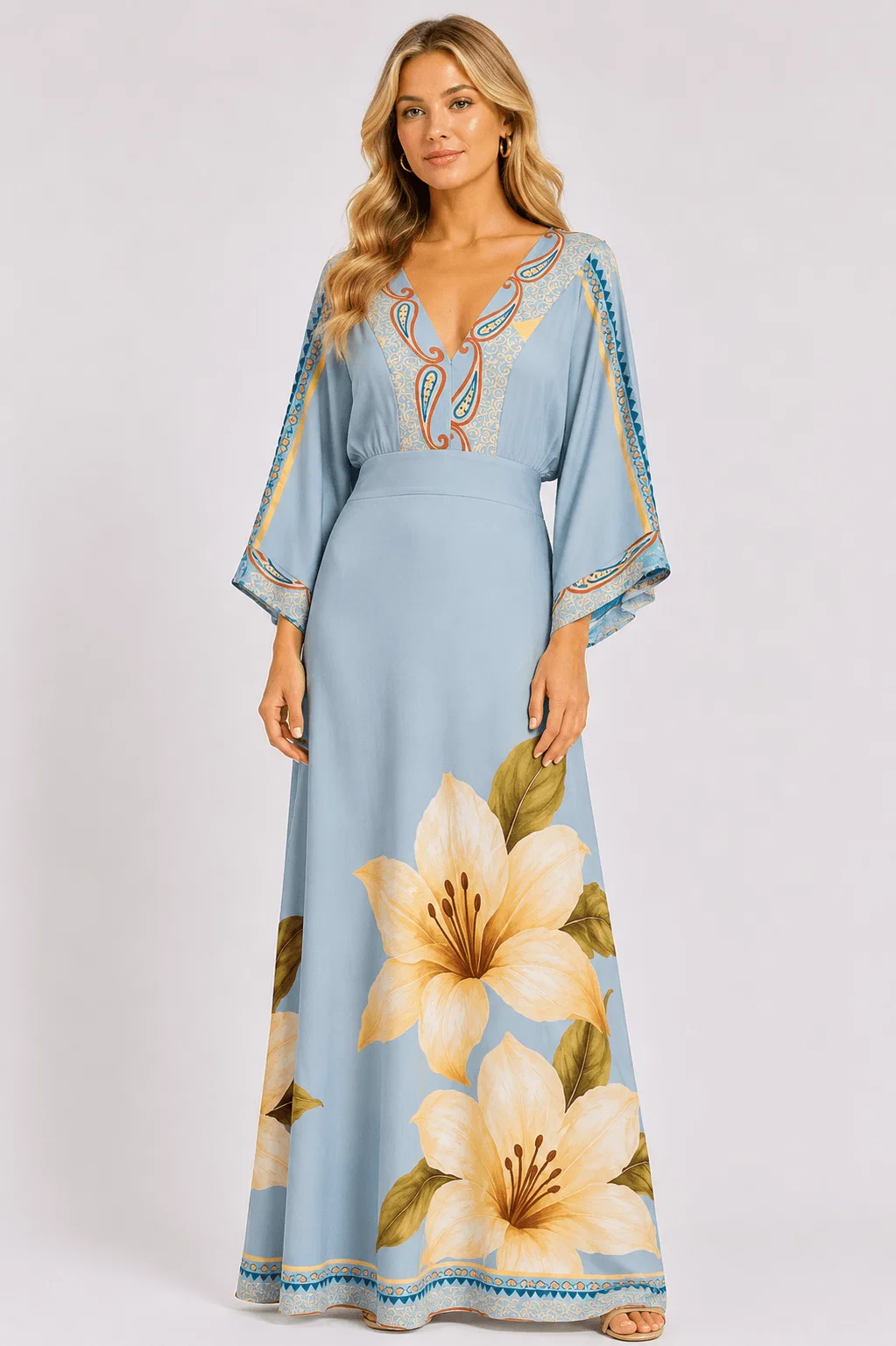 Vestido Manga 7/8 Estampado Lírio Solar - Azul