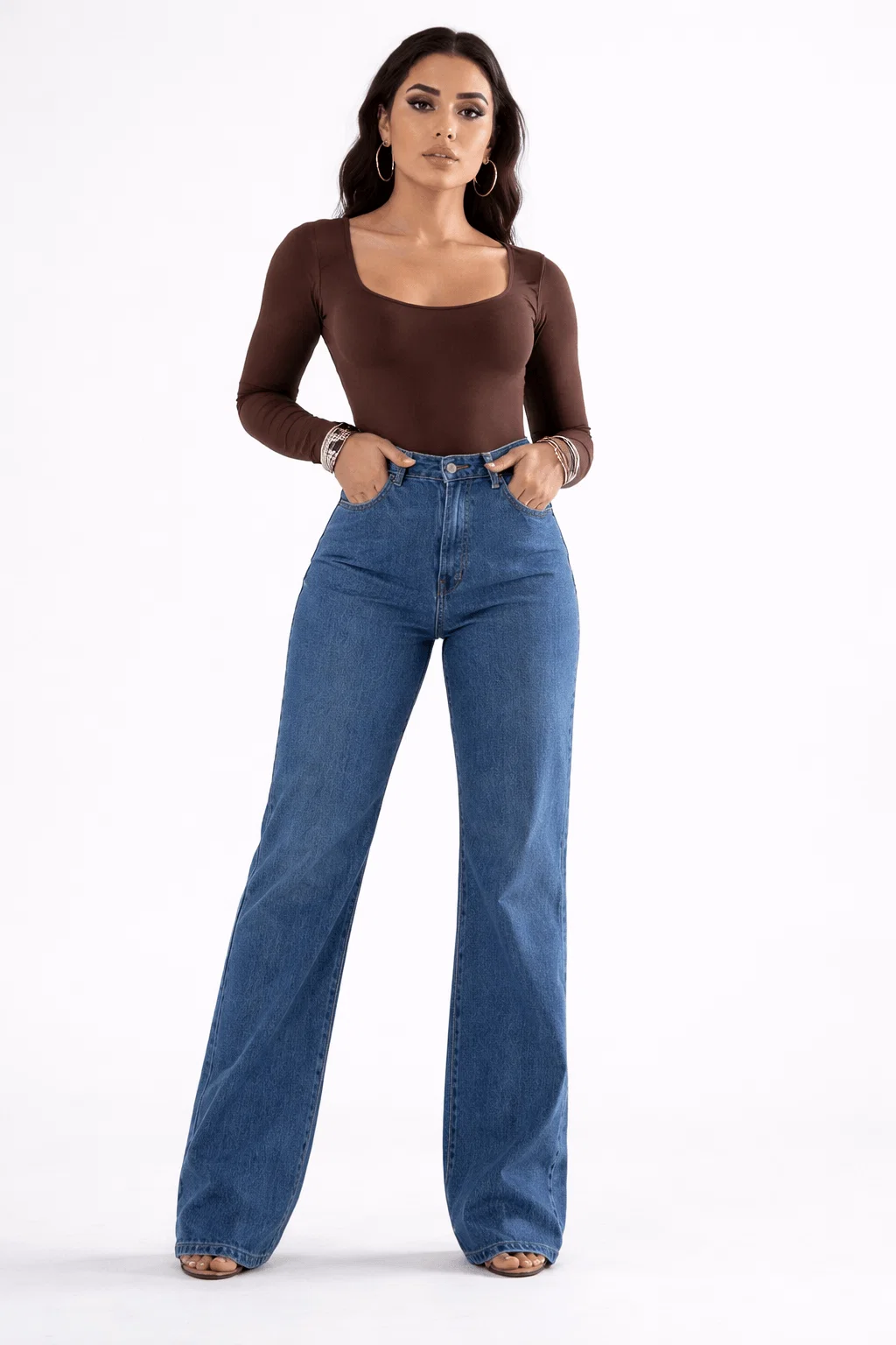 Calça Jeans Wide Leg Cintura Alta - Denim Escuro