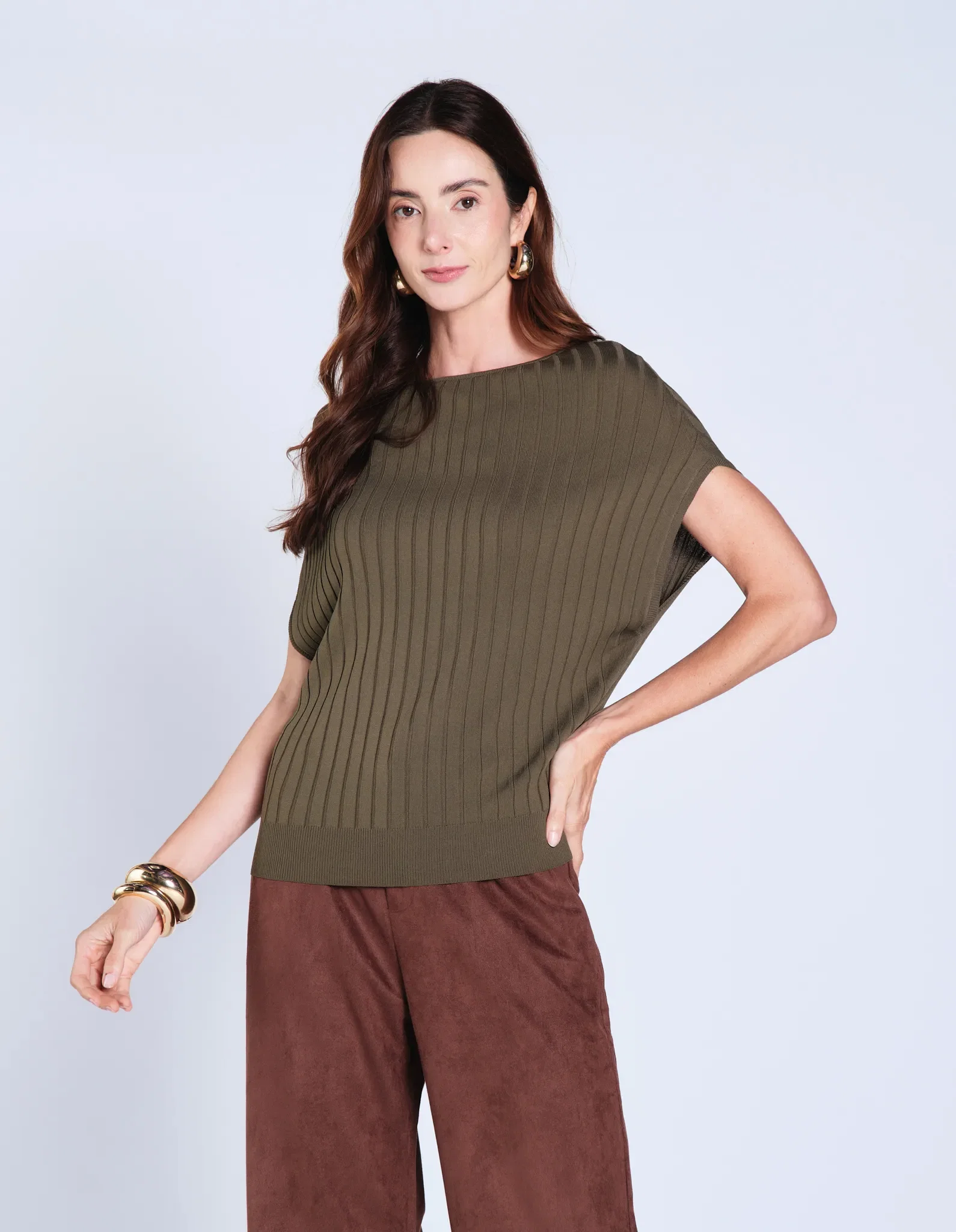 Blusa Sem Manga Tricot Barra Canelada - Verde Militar — imagem 1