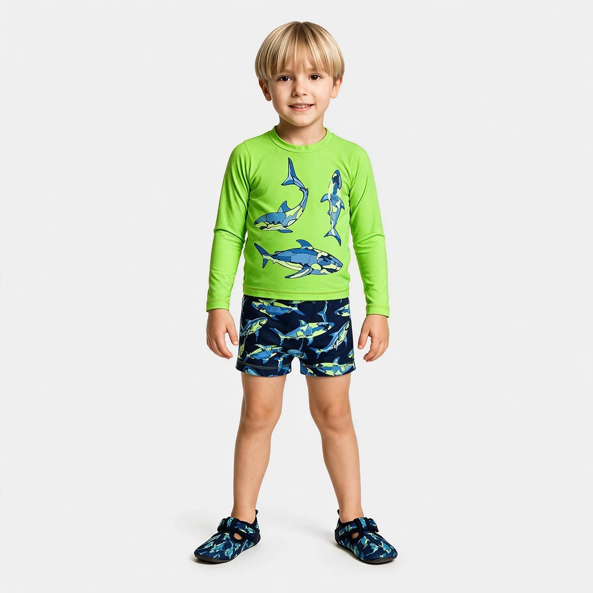 Kit Praia 3 Peças Kids Tubarão Camuflado lycra Proteção Uv 50+ Tip Top