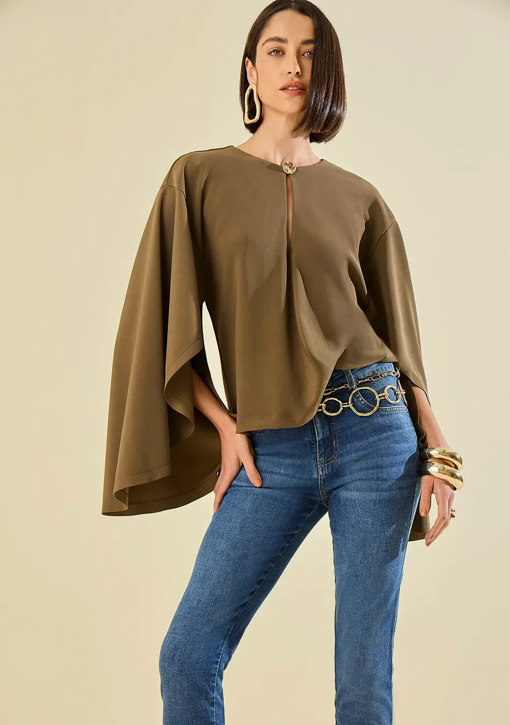 Blusa Morena Rosa Solta Decote Careca Manga Longa Padrão Verde — imagem 1