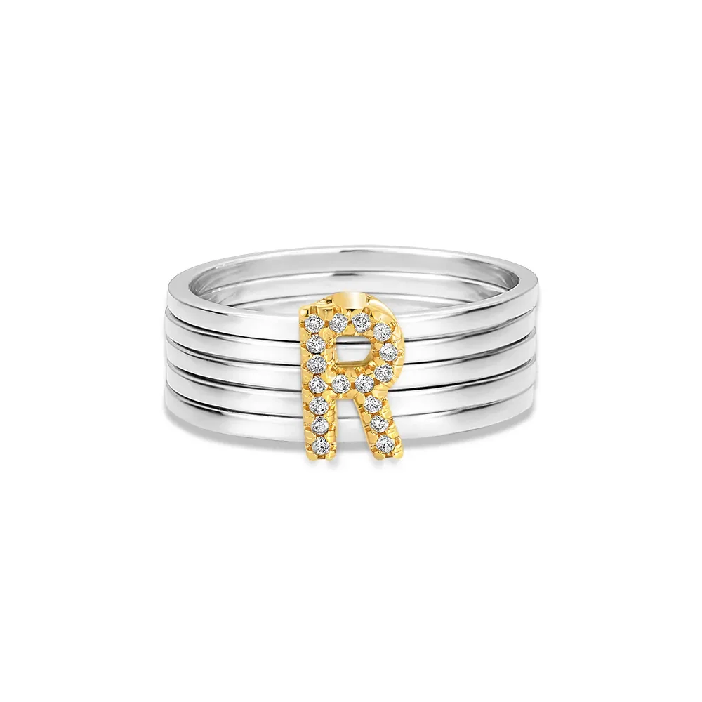 Anel Letra R em Prata 925 e Ouro Amarelo 18k com Diamantes — imagem 1