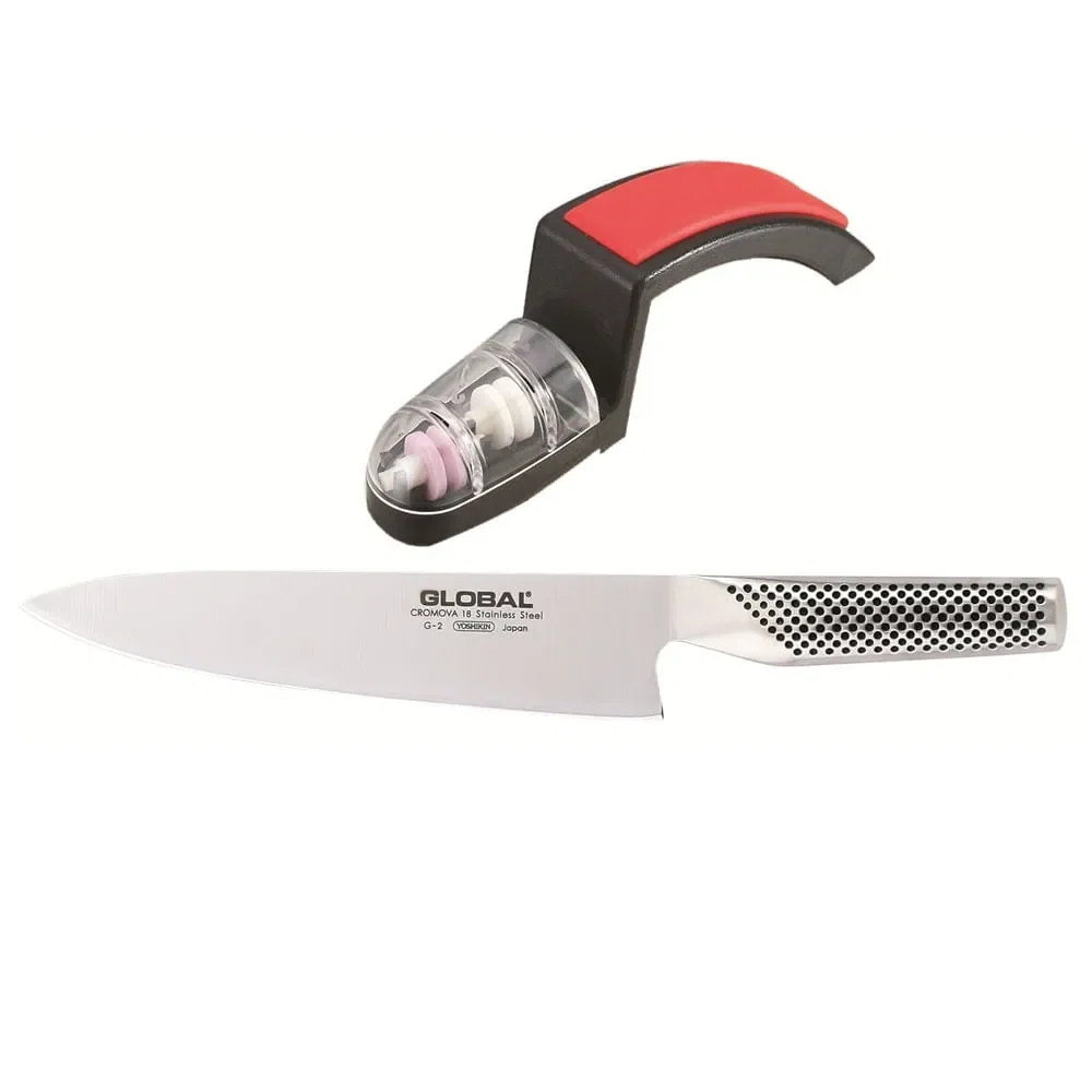 Faca Chef em Aço Inox 20cm + Amolador para Faca 2 Estágios Global — imagem 1
