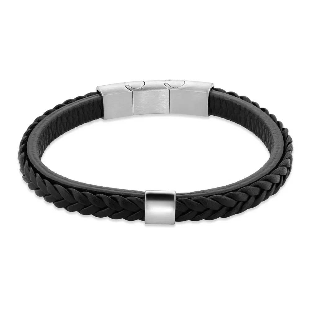 Pulseira Life Trançada VI em Couro Preto com Aço