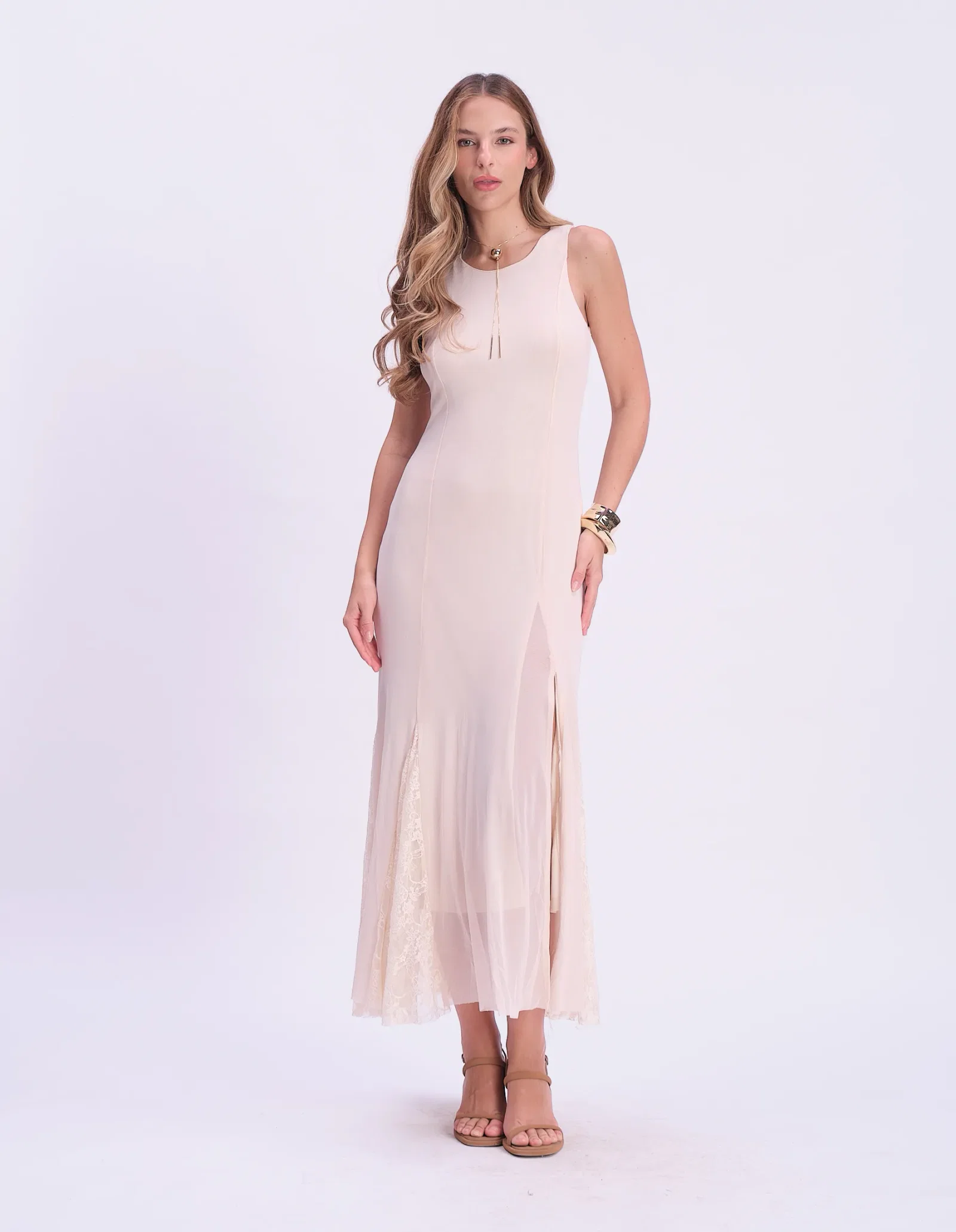 Vestido Longo Sem Manga Detalhe Renda - Areia
