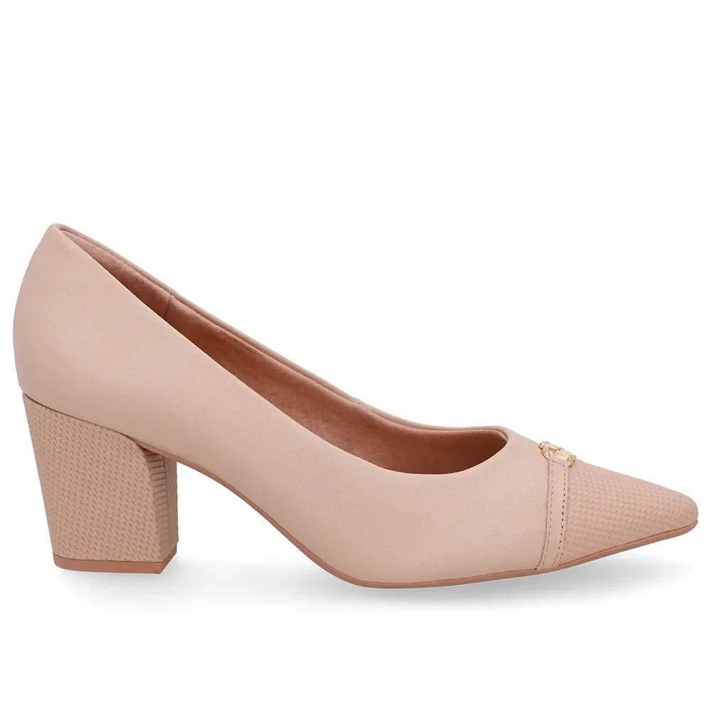 Scarpin Couro Bege Bico Fino Enfeite — imagem 1