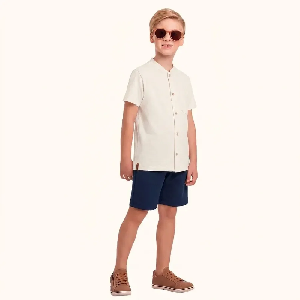 Conjunto camisa gola padre em meia malha e bermuda em moletinho