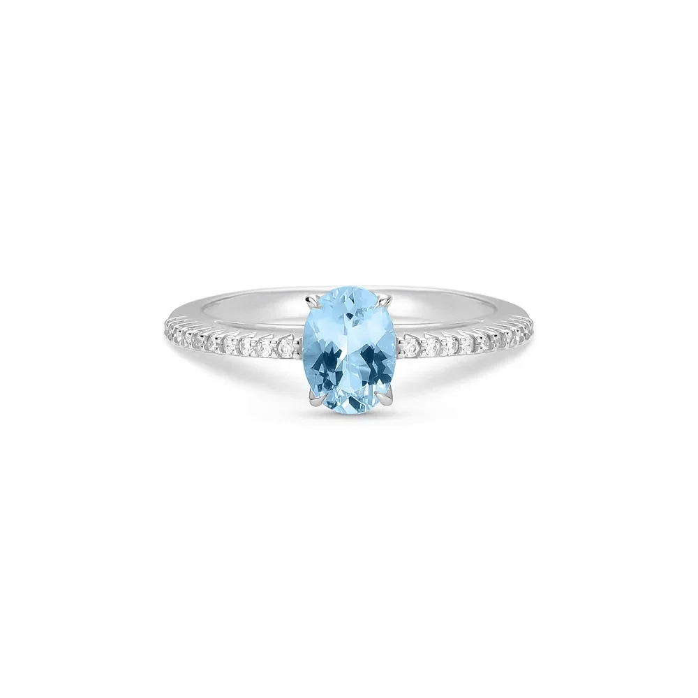 Anel Essenza em Ouro Branco 18k com Água Marinha e Diamantes