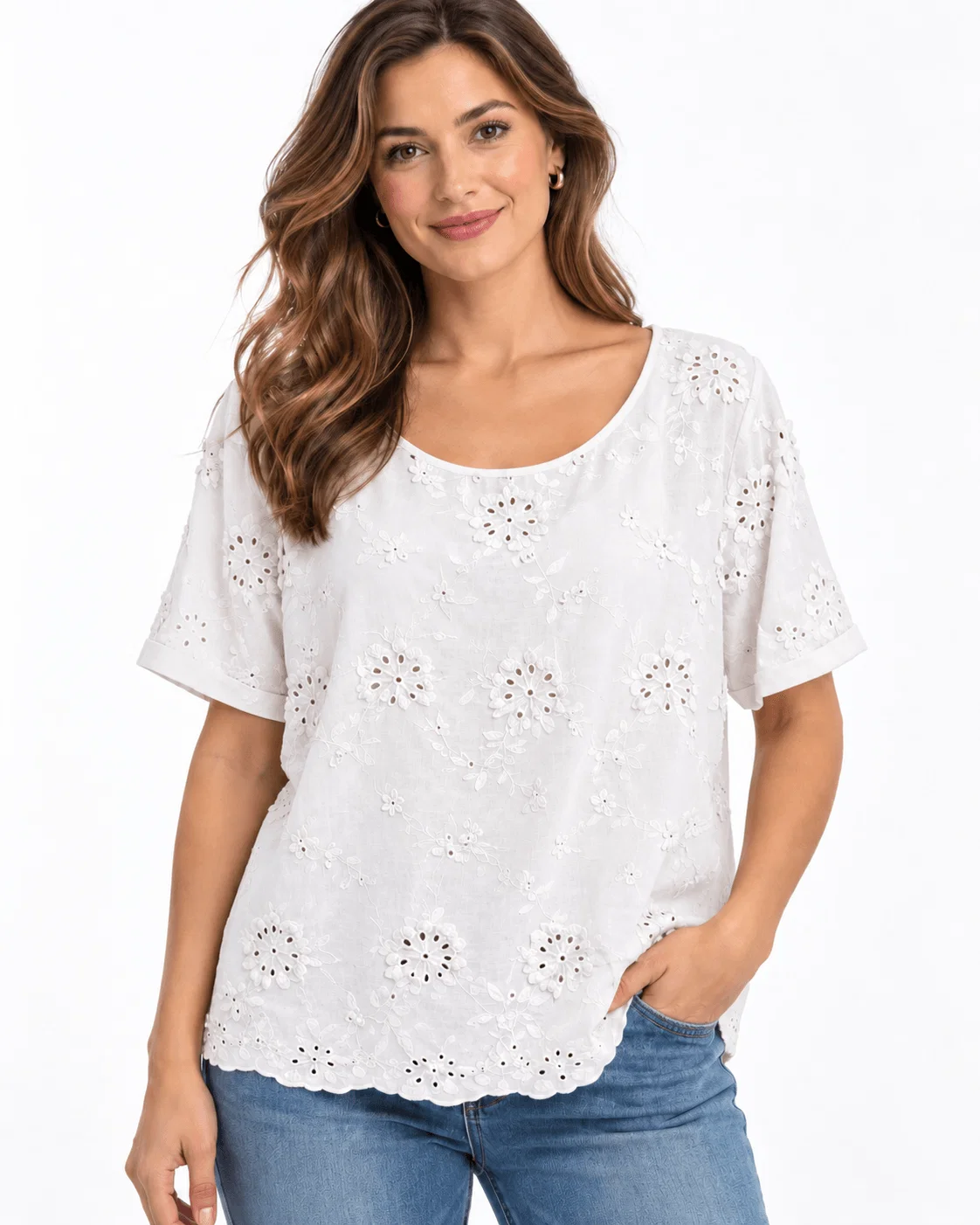 Blusa Manga Curta Bordada Flores 3d - Branco