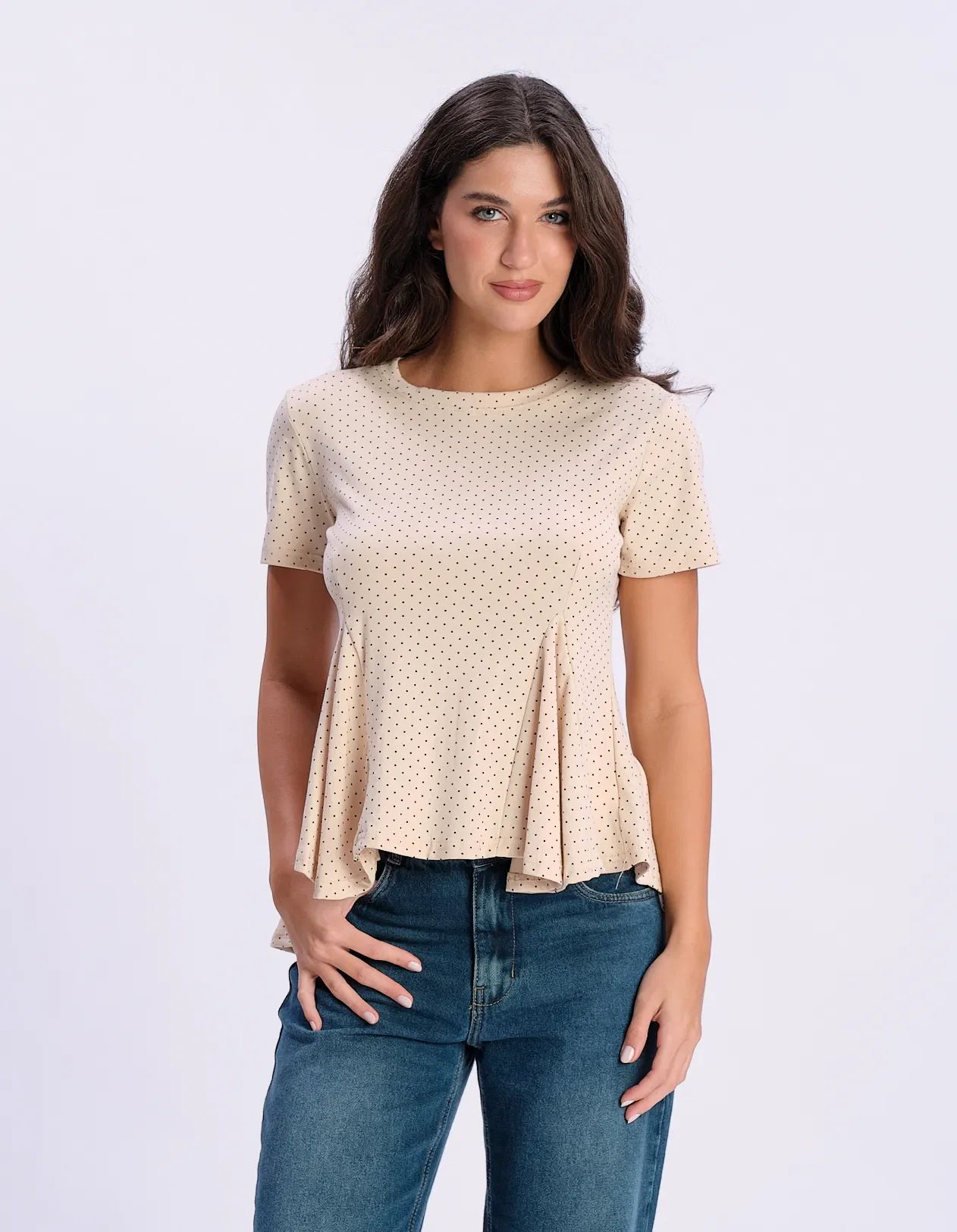Blusa Peplum Poá Manga Curta - Areia — imagem 1