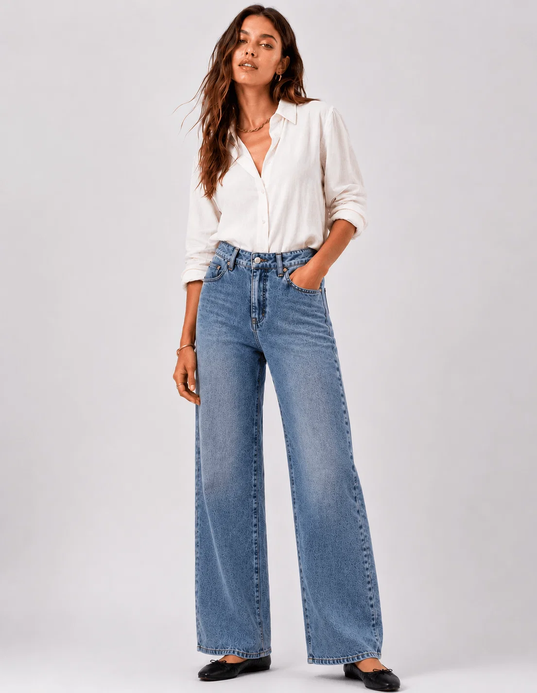 Calça Jeans Wide Slim Cintura Alta - Denim Medio