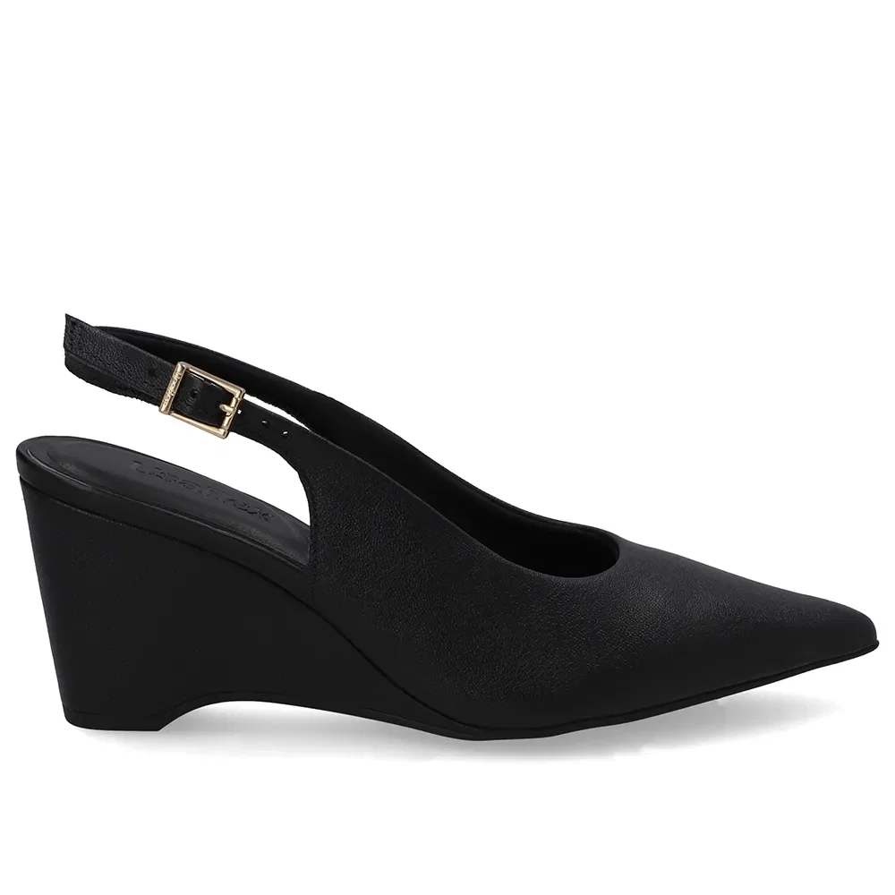 Slingback Preto Couro Salto Anabela