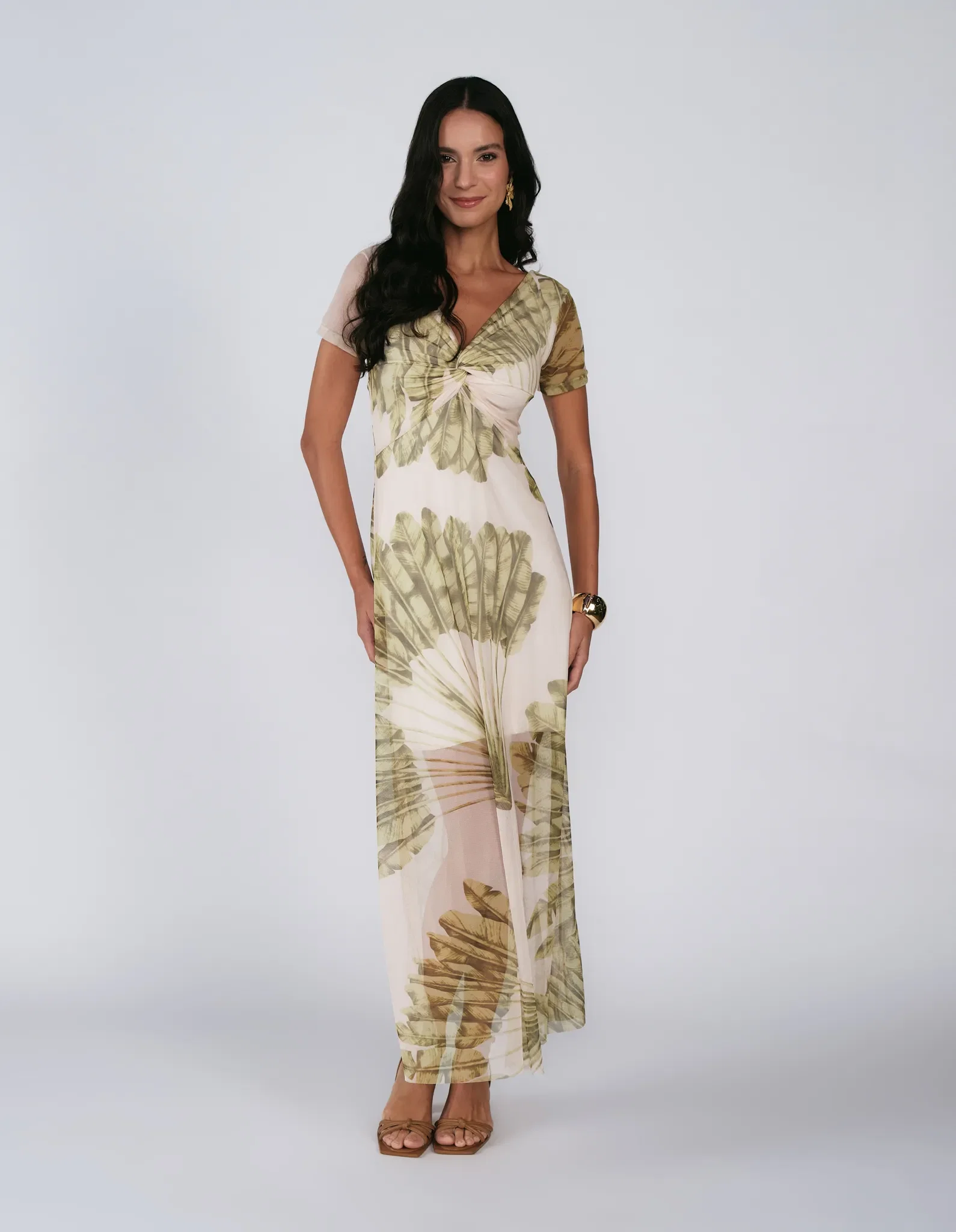 Vestido Longo Estampado Folhagem Fresh - Areia — imagem 1