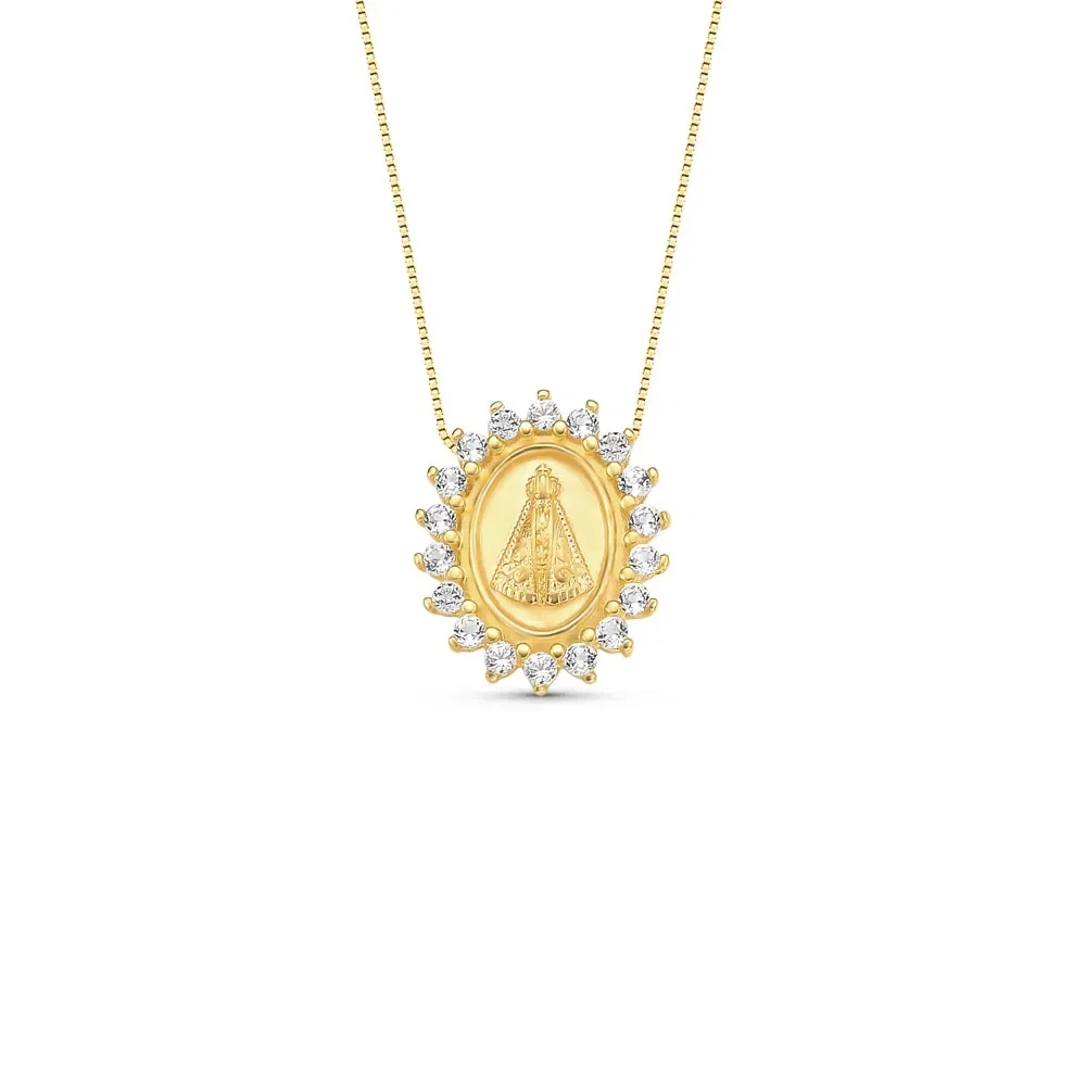 Pingente Medalha N.Sra. Aparecida em Ouro Amarelo 18k com Topázios Incolores, 14mm — imagem 1