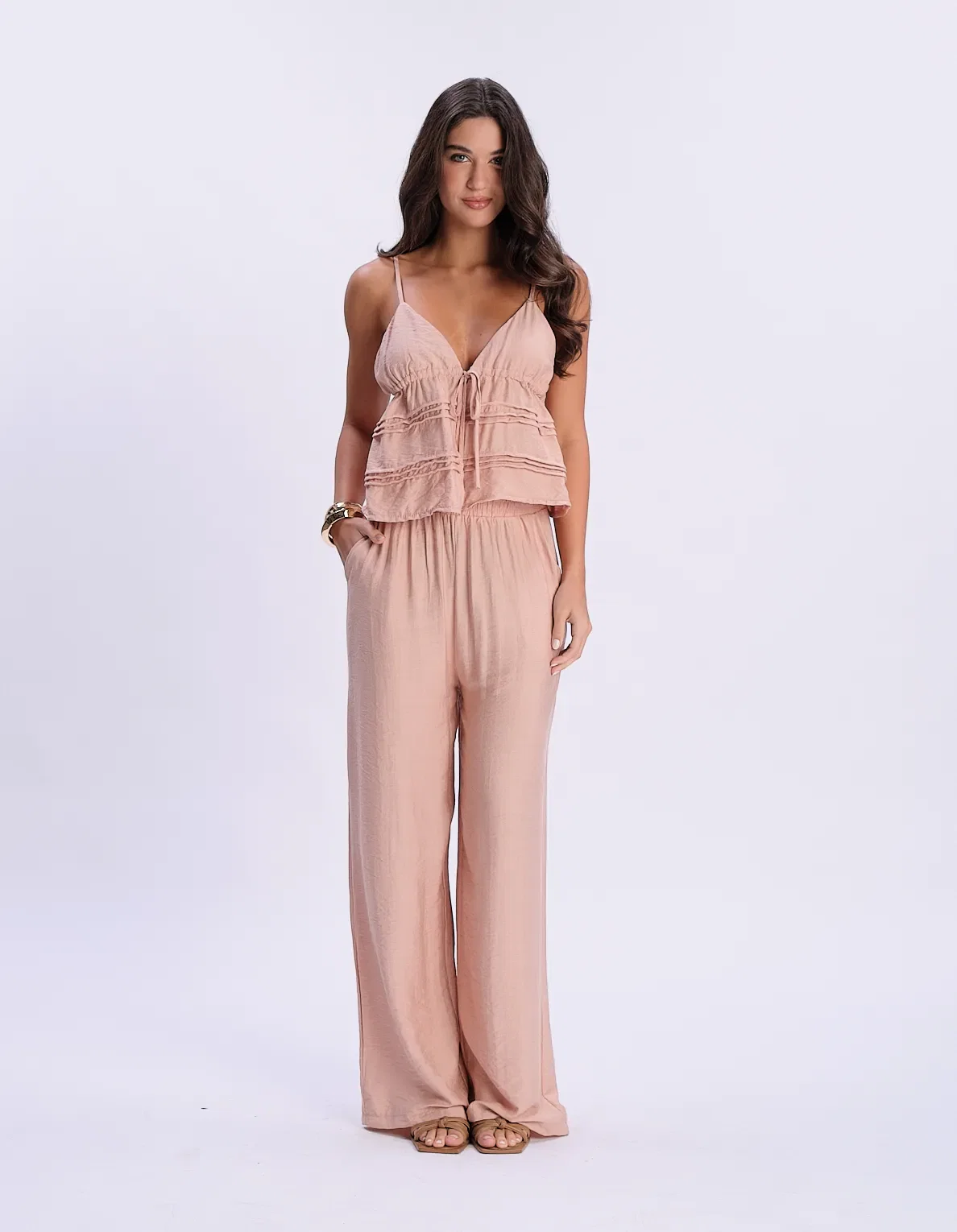 Conjunto Bata Amarração e Calça - Bege