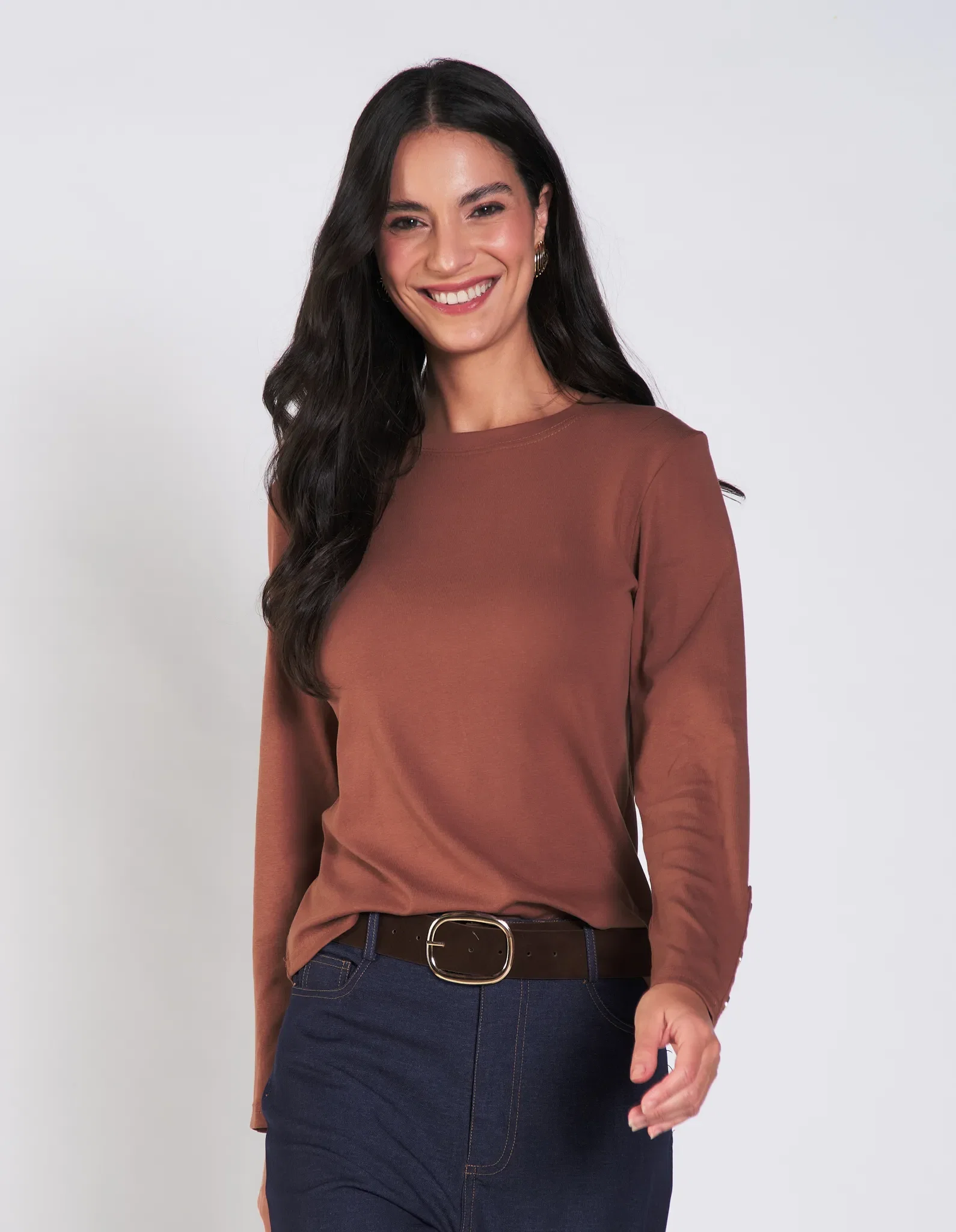 Blusa Manga Longa Com Botões - Cafe